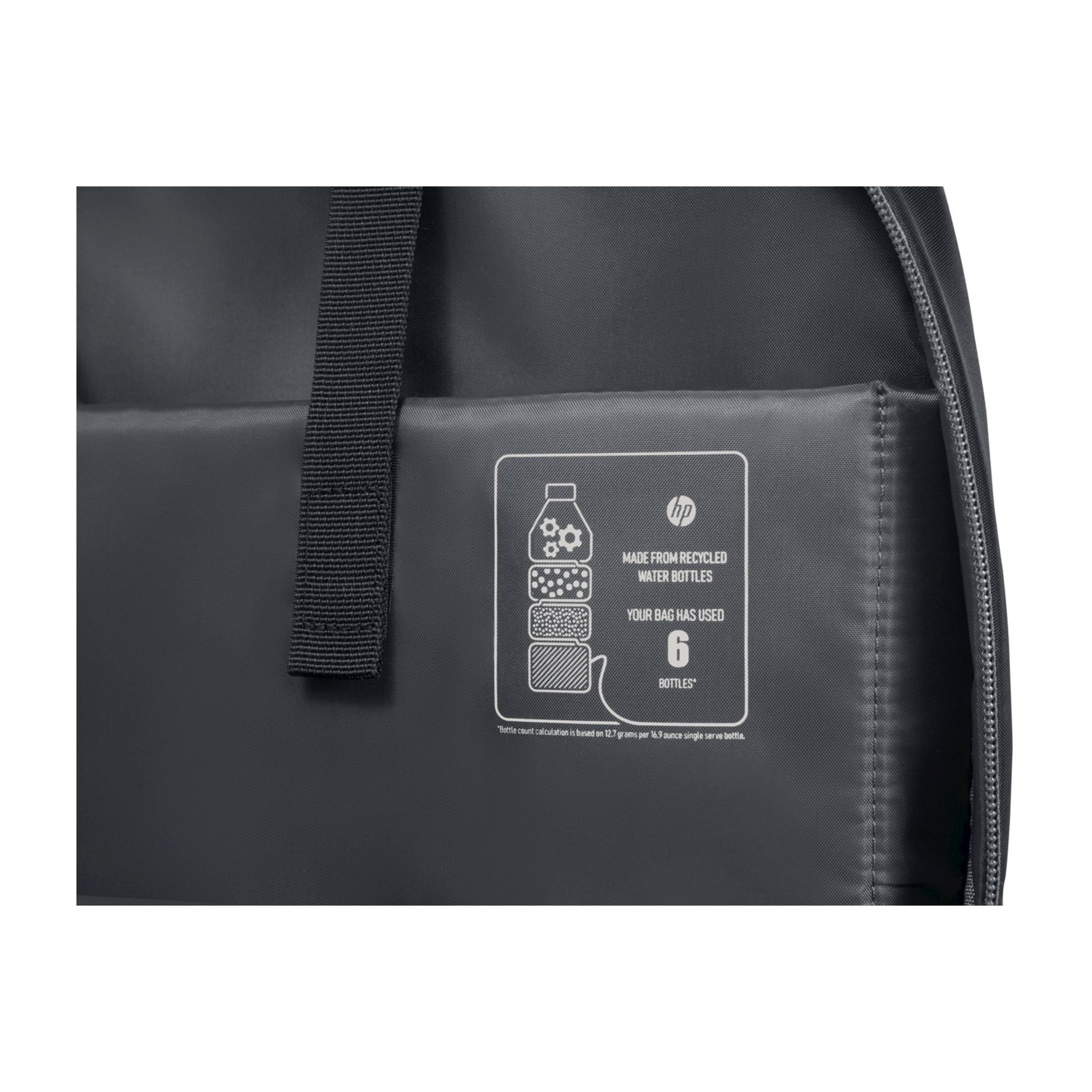 Etykieta na szarej torbie pokazuje logo HP i 6 butelek z recyklingu.