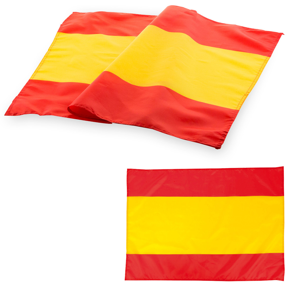 Dos banderas españolas, una doblada, otra plana. Rayas rojas y amarillas.