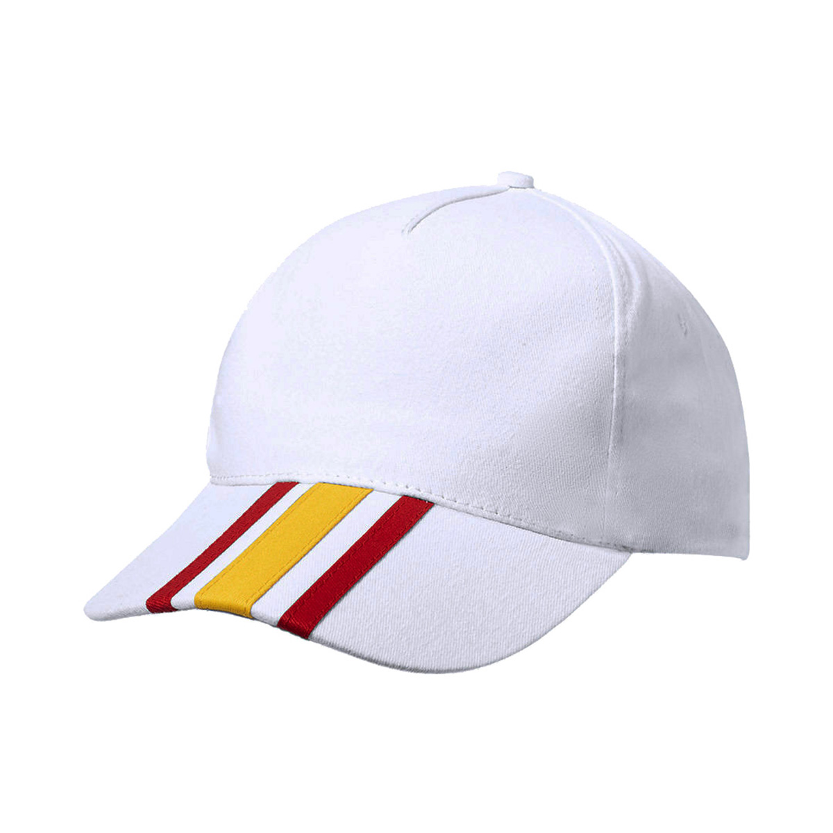 Gorra blanca con rayas rojas y amarillas en la visera.