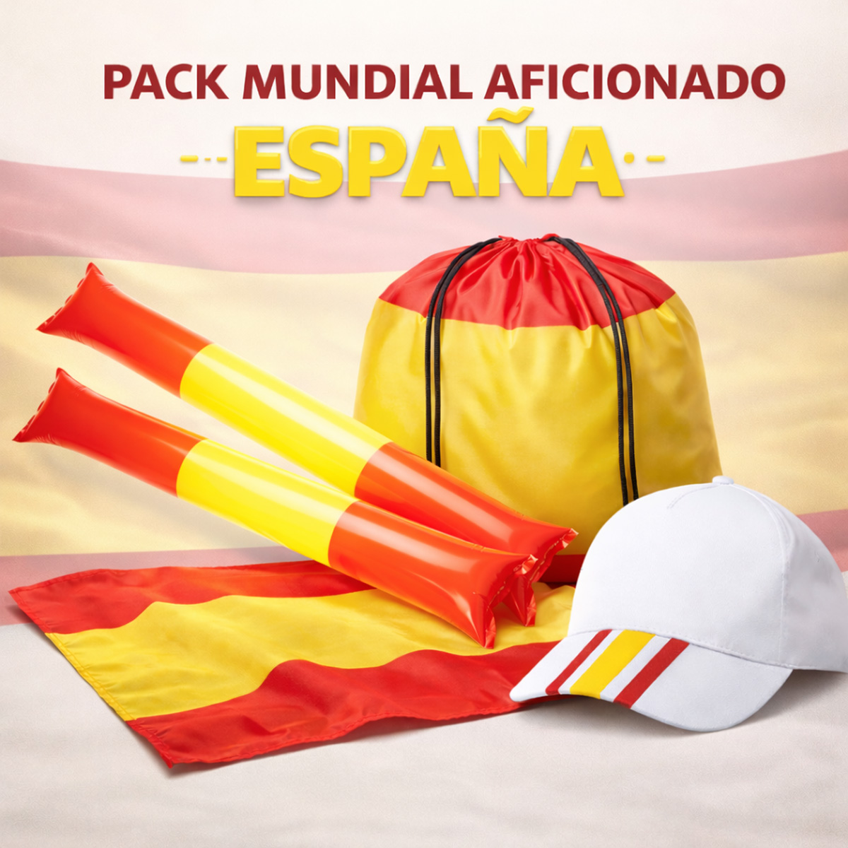 Artículos de fan de España: bandera, matracas, bolsa y gorra rojos y amarillos.