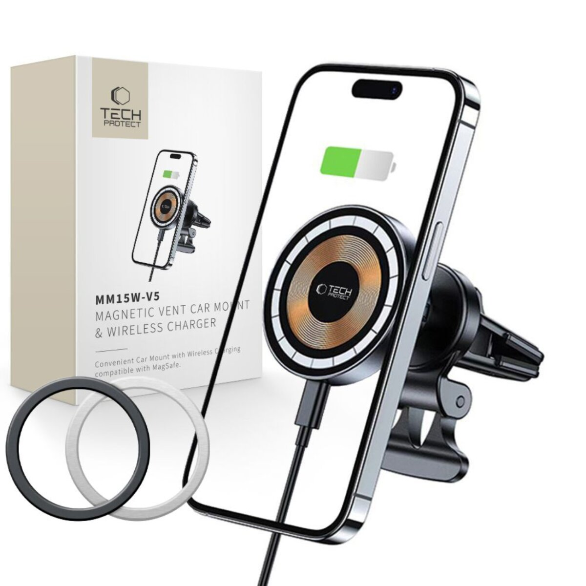 Ein Smartphone lädt auf einer magnetischen Autohalterung mit Lüftungsschlitz und kabellosem Ladegerät.