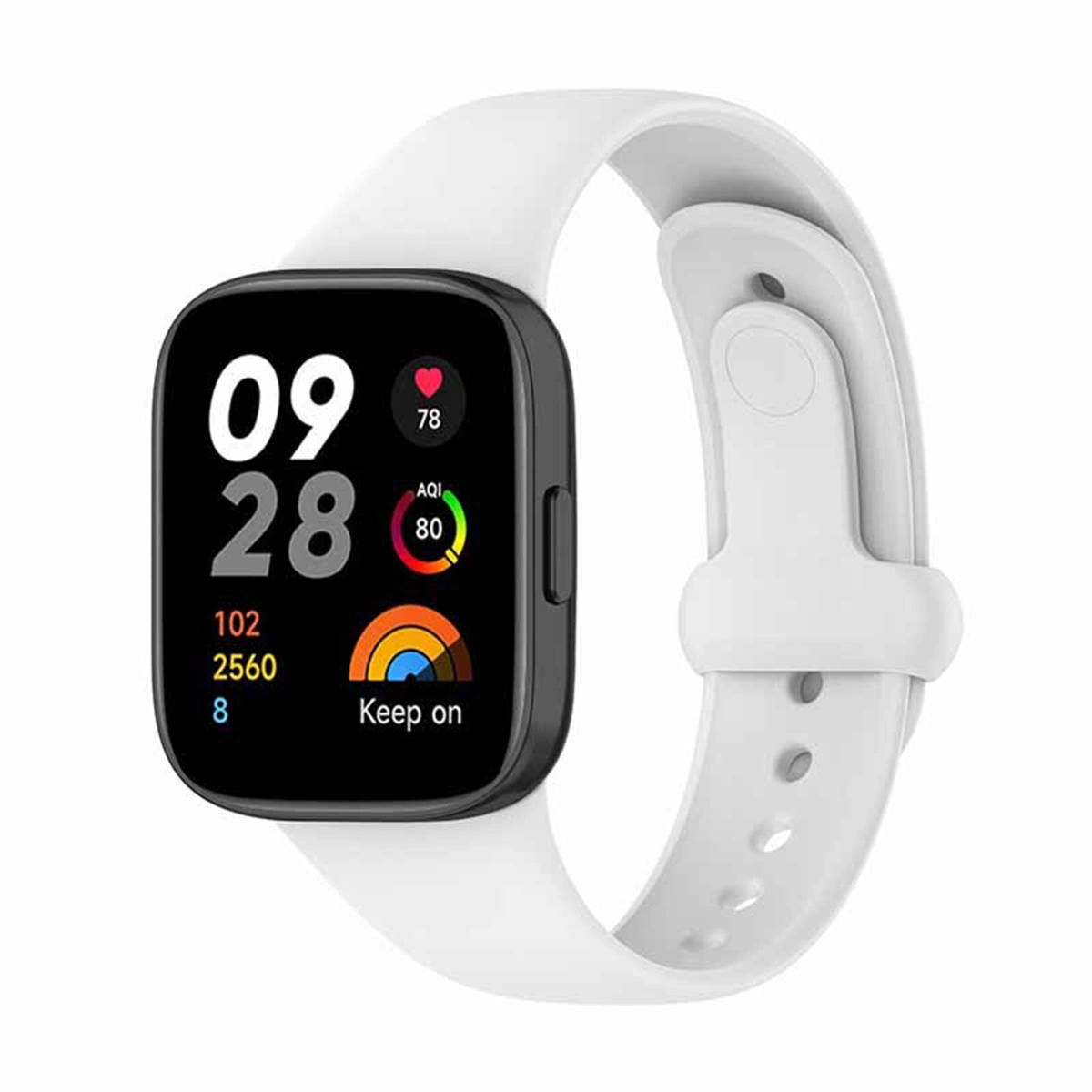Weiße Smartwatch mit schwarzem Display zeigt Uhrzeit, Herzfrequenz und AQI an.