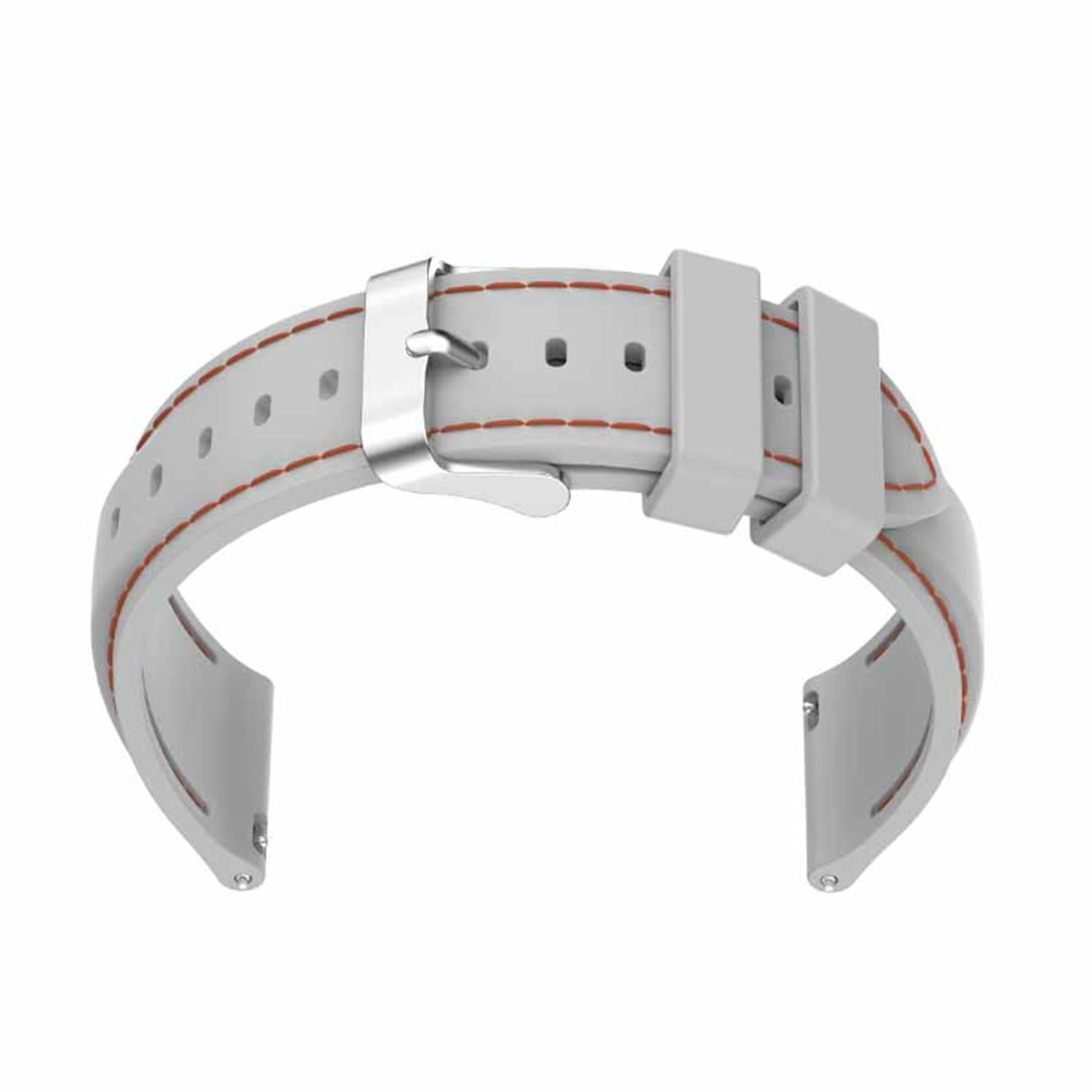 Ein hellgraues Uhrenarmband mit orangefarbenen Nähten und silberner Schließe.