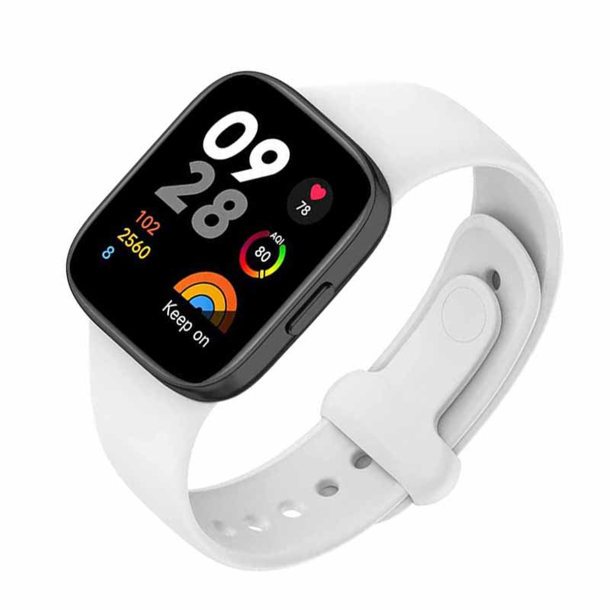 Eine weiße Smartwatch mit schwarzem Display, das 09:28 Uhr und Gesundheitsdaten anzeigt.
