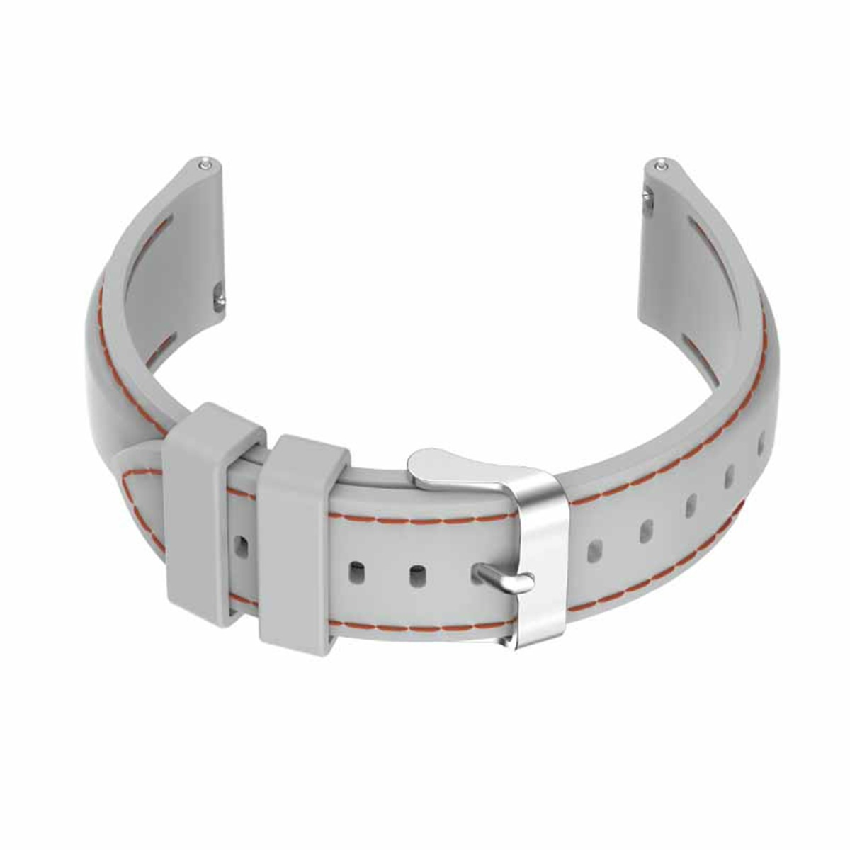 Graues Uhrenarmband mit silberner Schnalle und orangen Nähten.