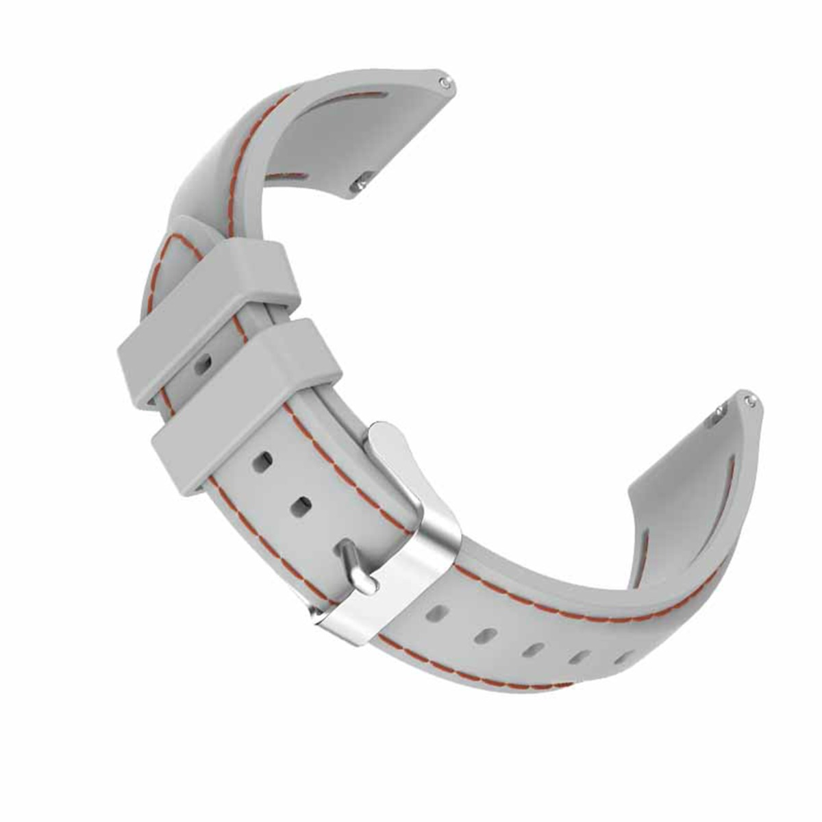 Graues Uhrenarmband mit silberner Schnalle und roten Nähten.
