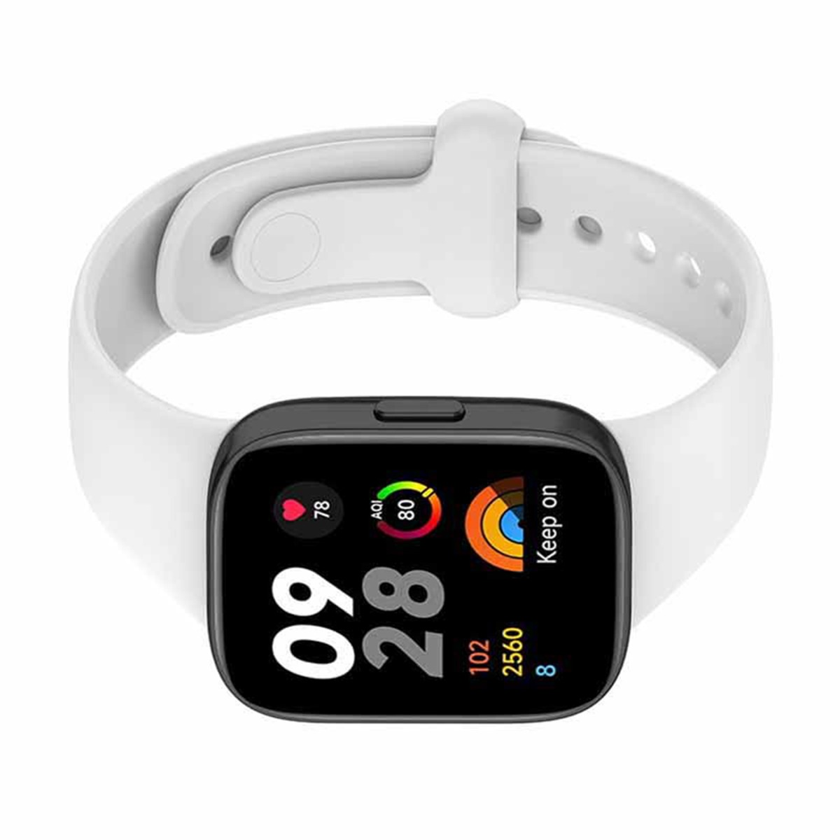 Weiße Smartwatch mit schwarzem Display, das Uhrzeit, Herzfrequenz und AQI anzeigt.