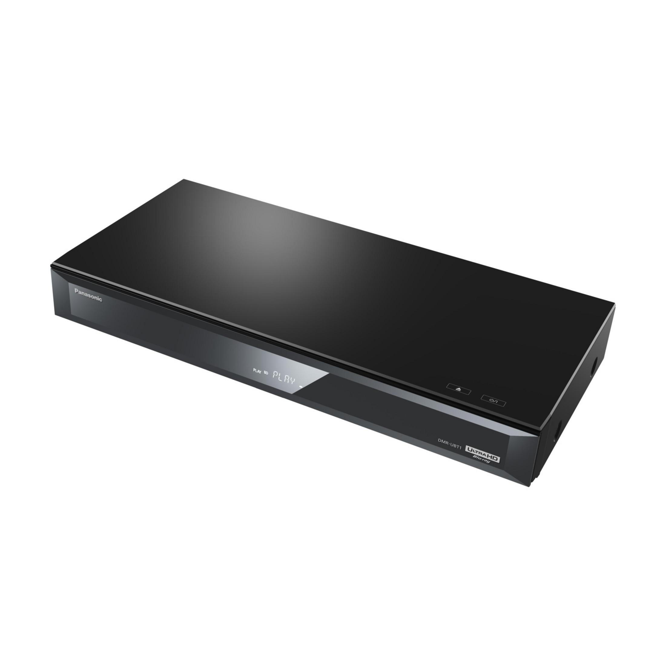 Schwarzer Panasonic Blu-ray-Player mit „PLAY“-Anzeige auf dem Display.