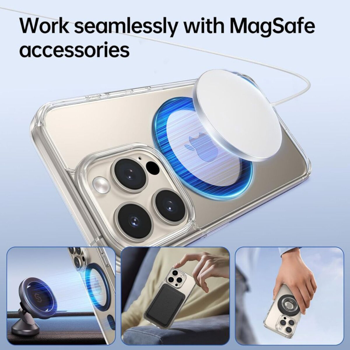Ein iPhone mit durchsichtiger Hülle, das mit einem MagSafe-Ladegerät verbunden ist.