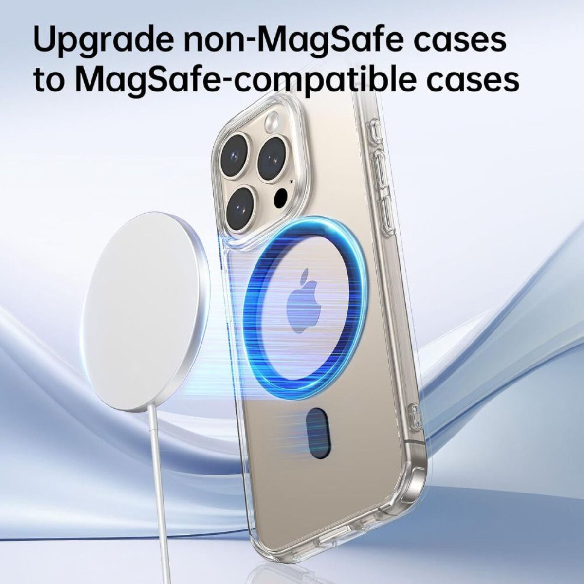 Ein iPhone mit MagSafe-kompatibler Hülle und Ladegerät. Blaue Ringlichter.