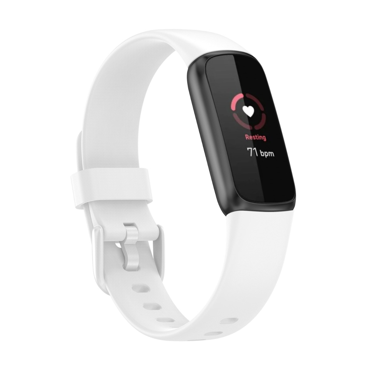 Fitness tracker bianco con schermo nero che mostra 71 bpm.