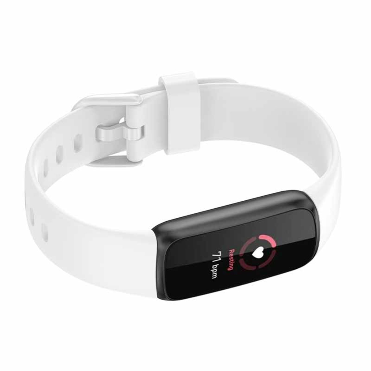 Orologio fitness bianco con display nero che mostra 71 bpm e icona del cuore.