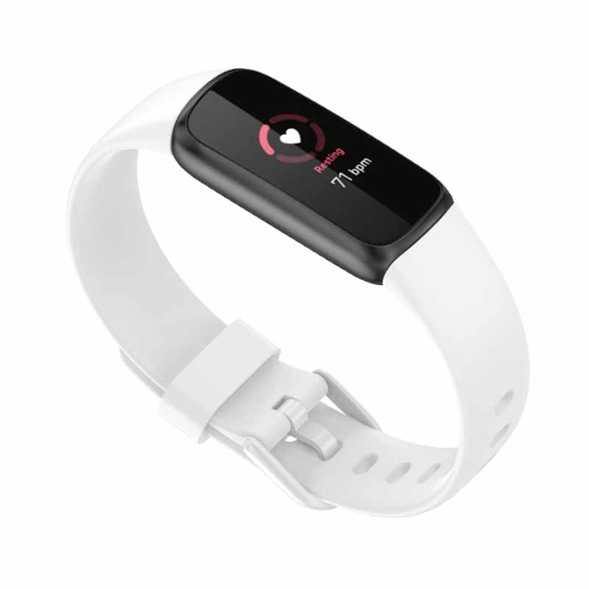 Fitness tracker bianco con schermo nero che mostra 71 bpm.