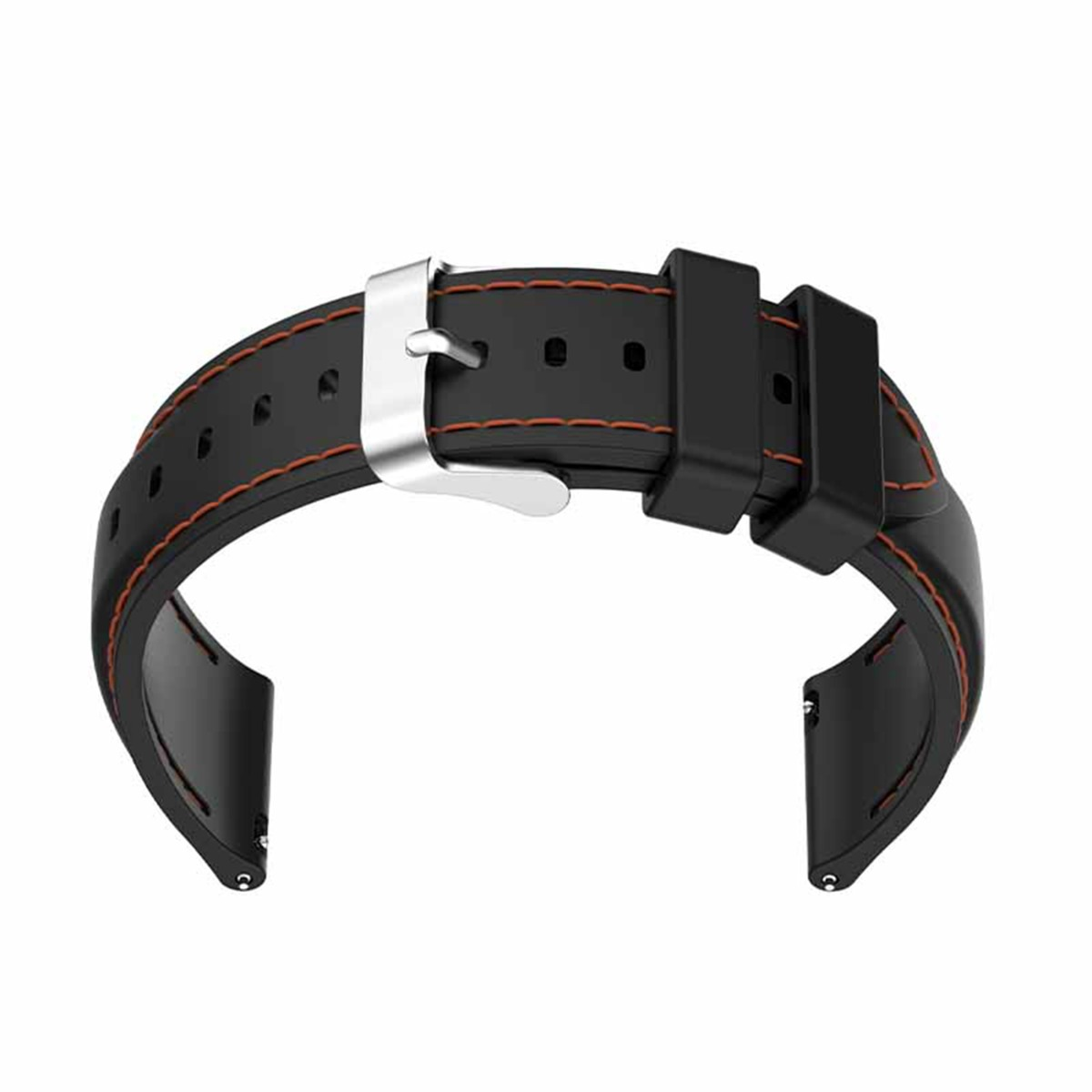 Cinturino nero per orologio con cuciture rosse e fibbia argentata.