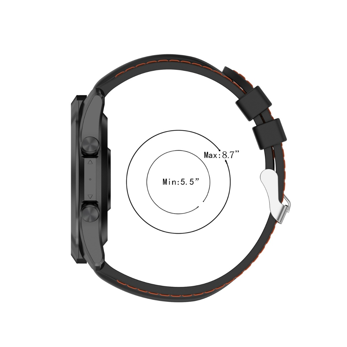 Vista laterale di uno smartwatch nero con cuciture marroni e indicatori di taglia.