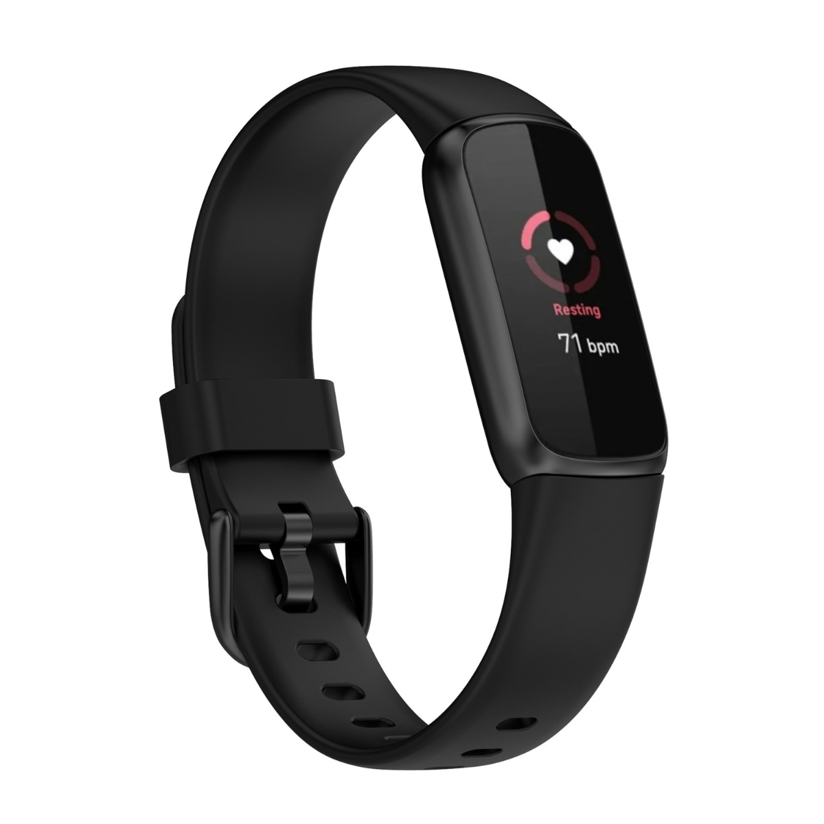 Fitness tracker nero che mostra 71 bpm a riposo sullo schermo.