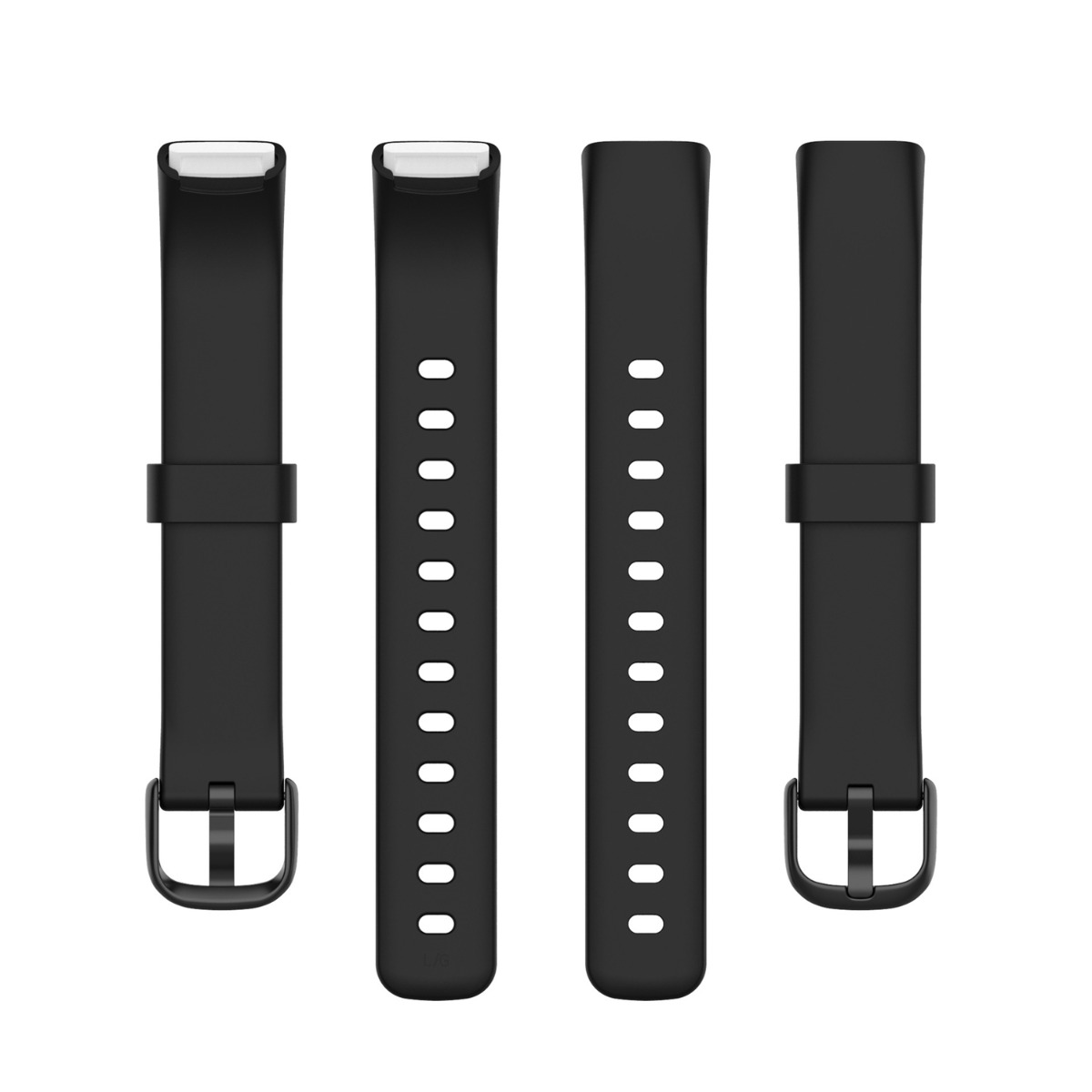 Quattro cinturini neri per fitness tracker con fibbie.