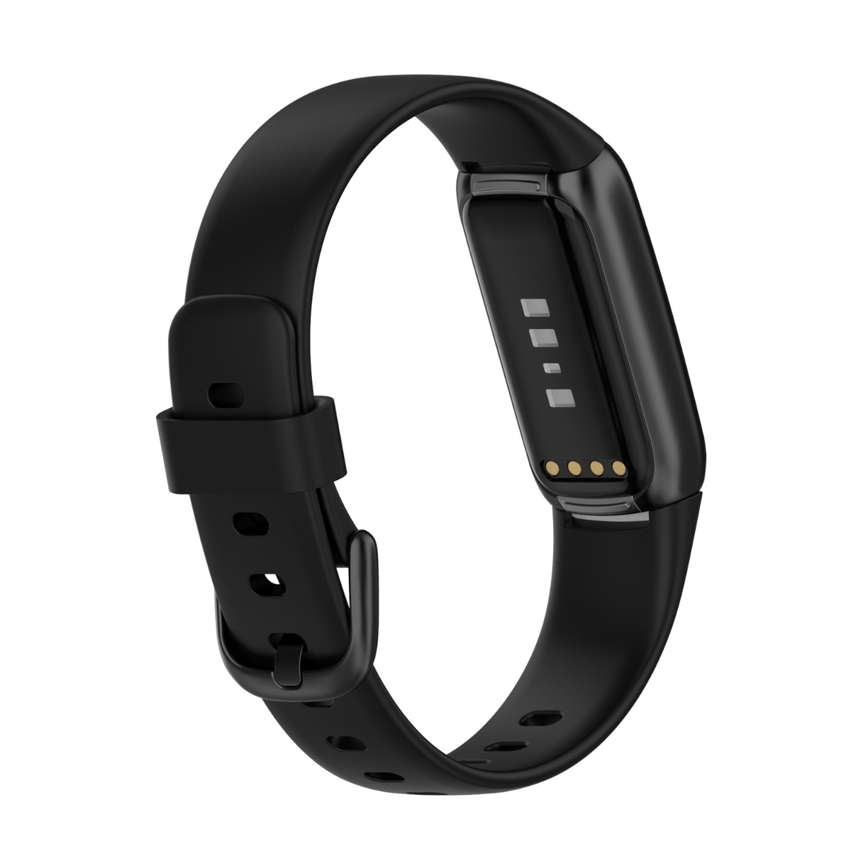 Fitness tracker nero con contatti di ricarica e fibbia.