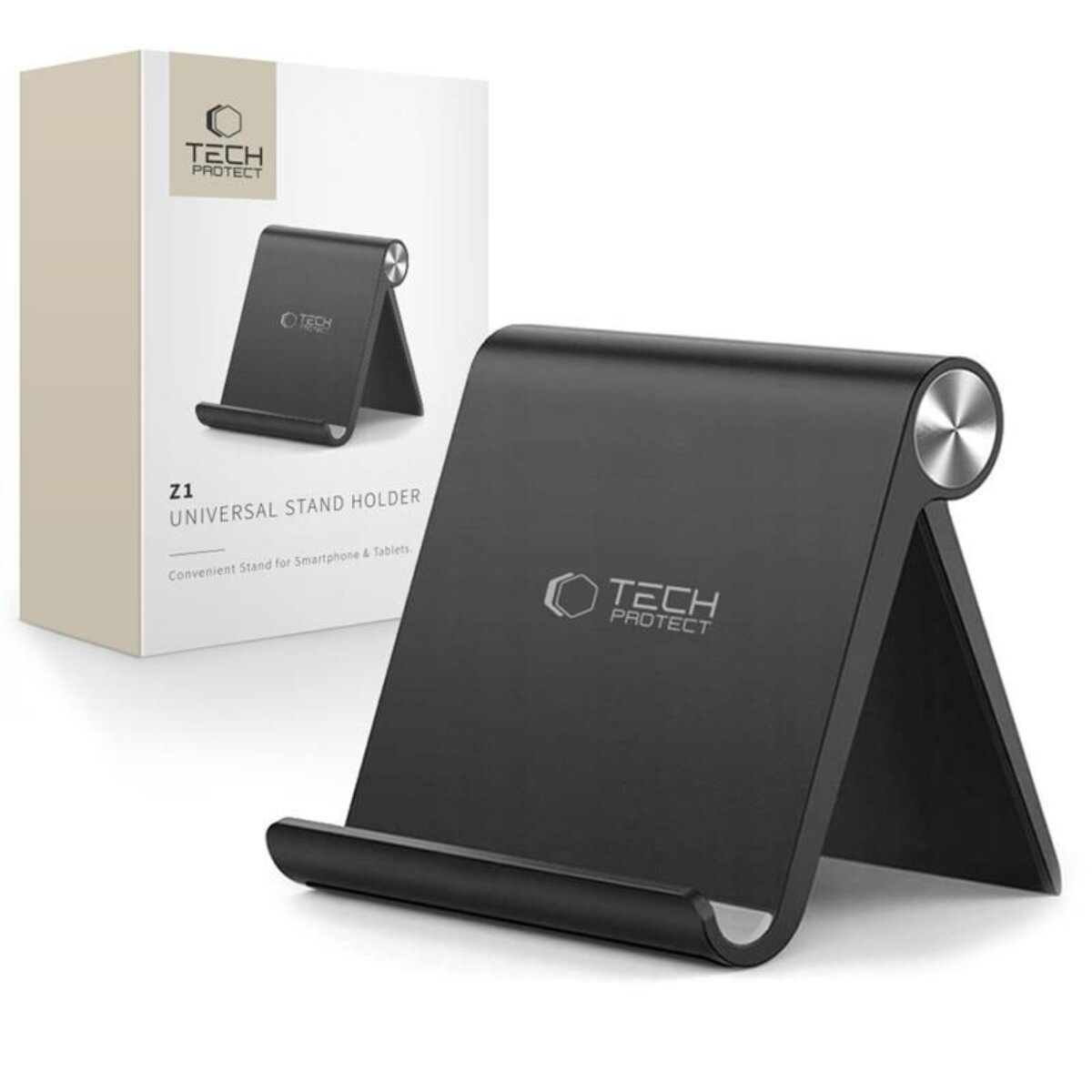 Schwarzer Smartphone-Ständer von Tech Protect mit Verpackung.