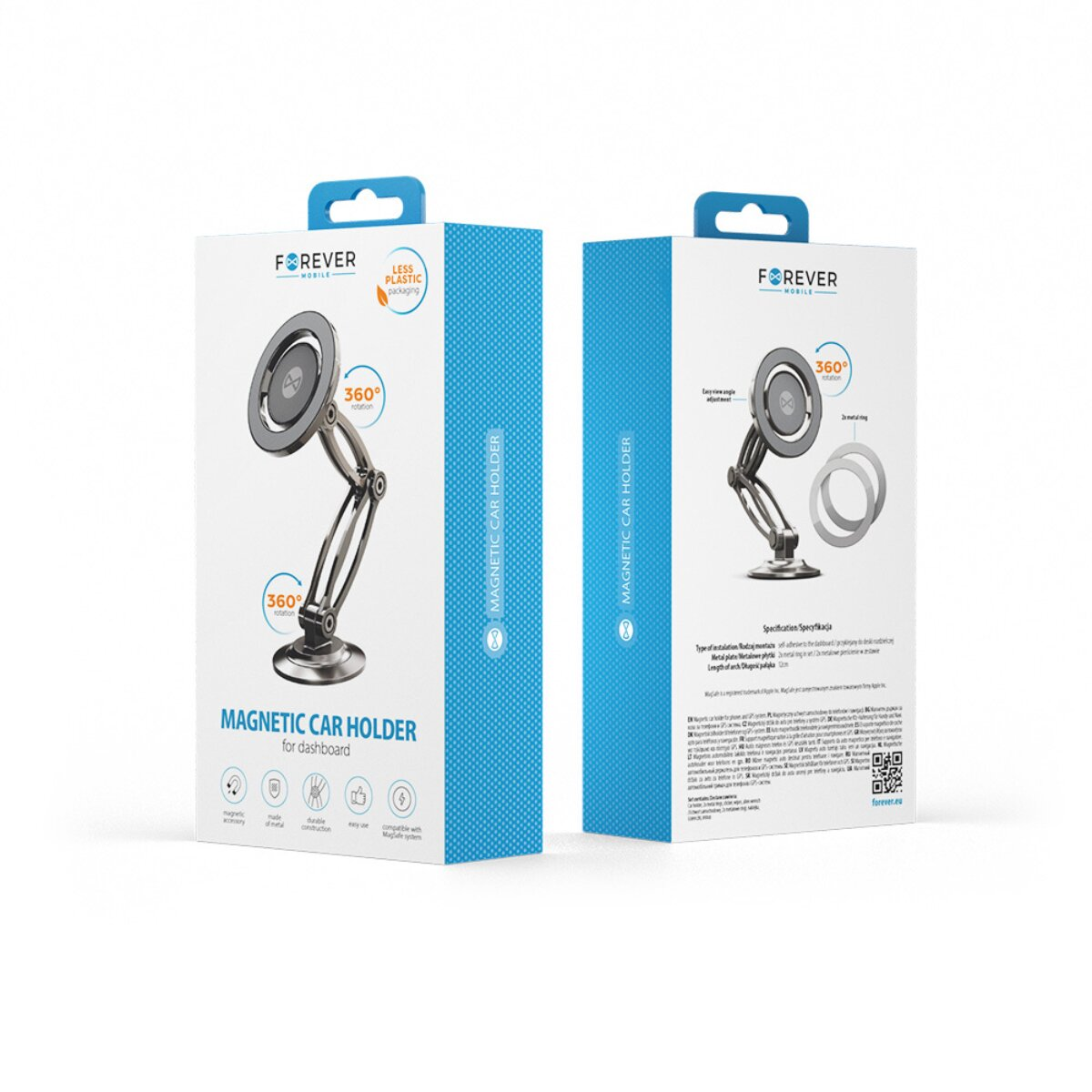 Verpackung eines magnetischen Autohalters mit 360-Grad-Drehung und „Less Plastic“-Siegel.