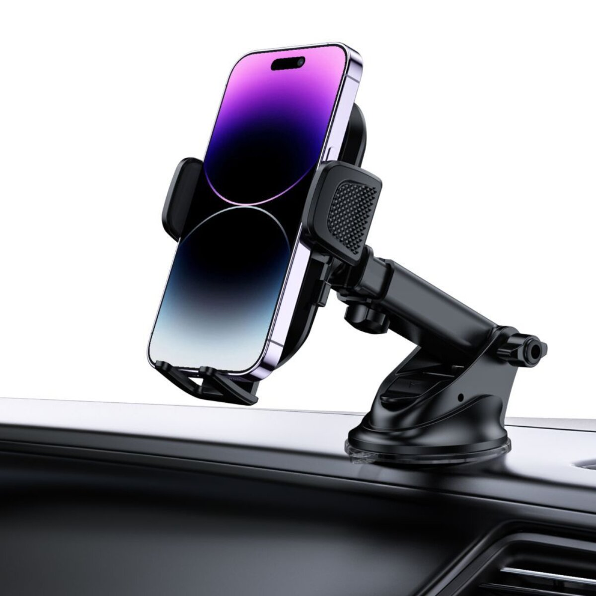 Ein schwarzer Handyhalter mit Saugnapf, der ein Smartphone auf einem Armaturenbrett hält.