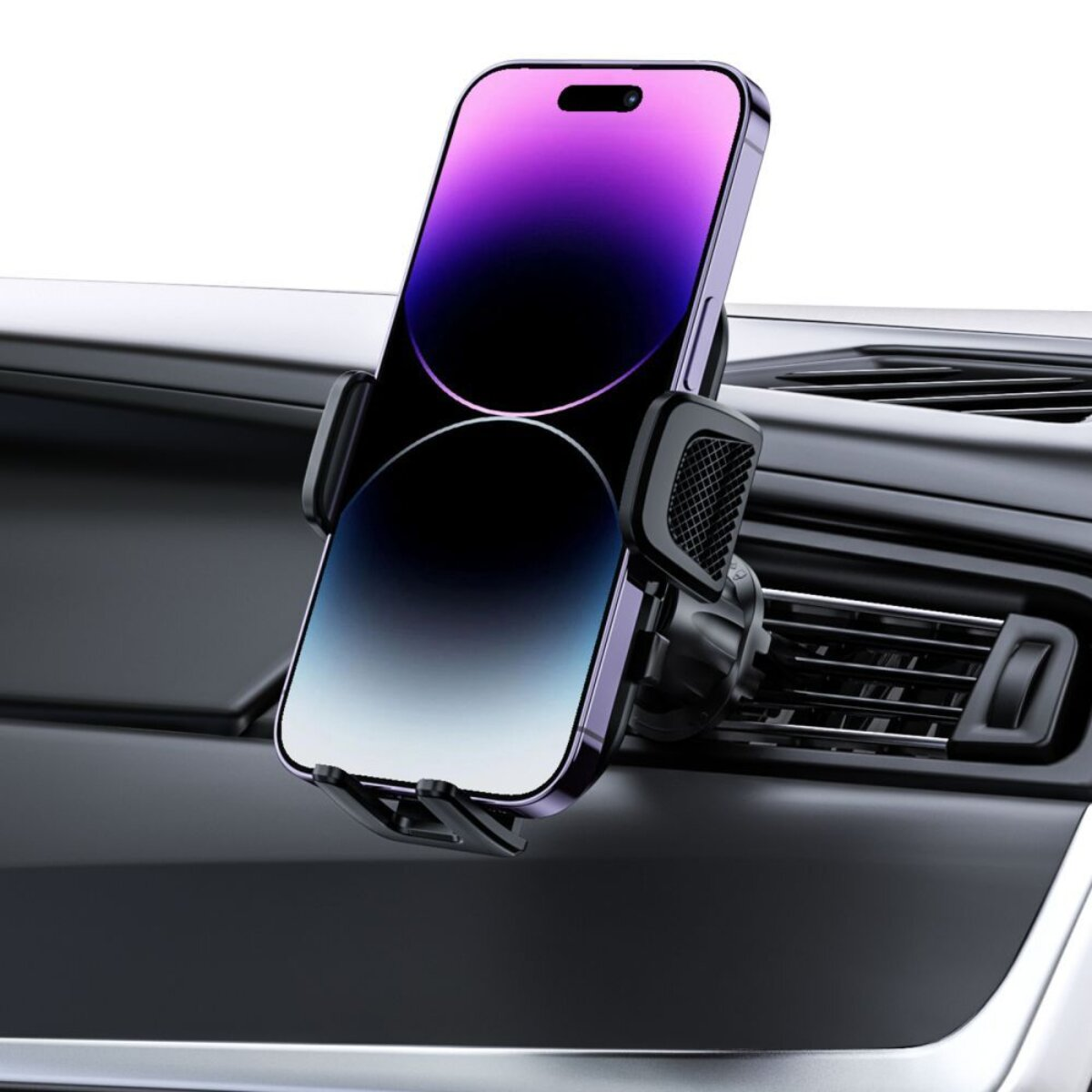 Ein Smartphone in einem schwarzen Autohalter an einem Lüftungsschlitz.