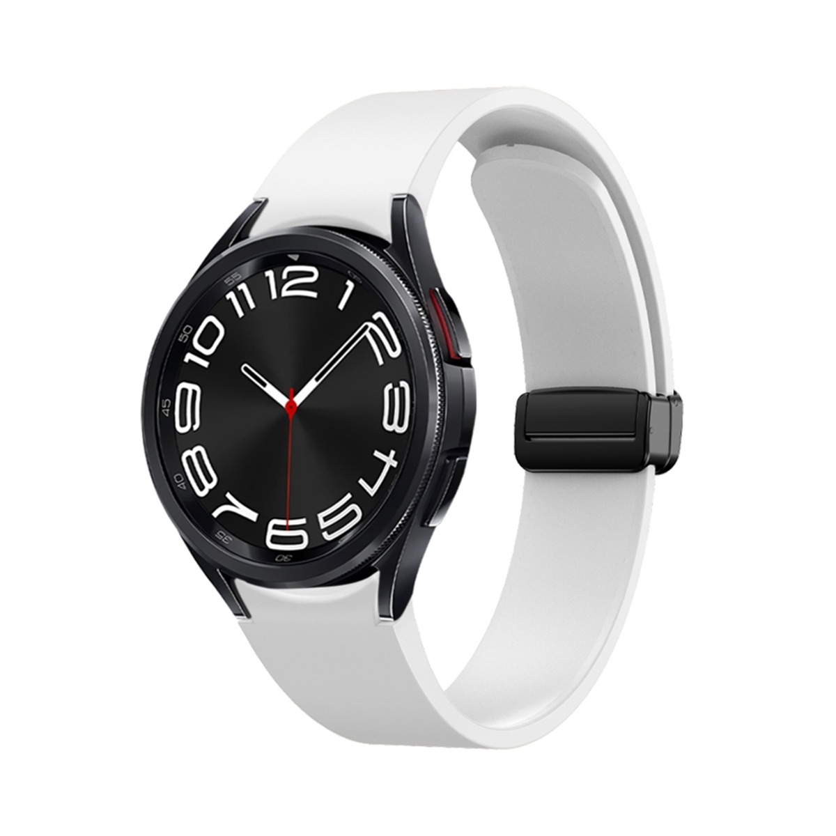 Uno smartwatch bianco con quadrante nero e cassa argentata.