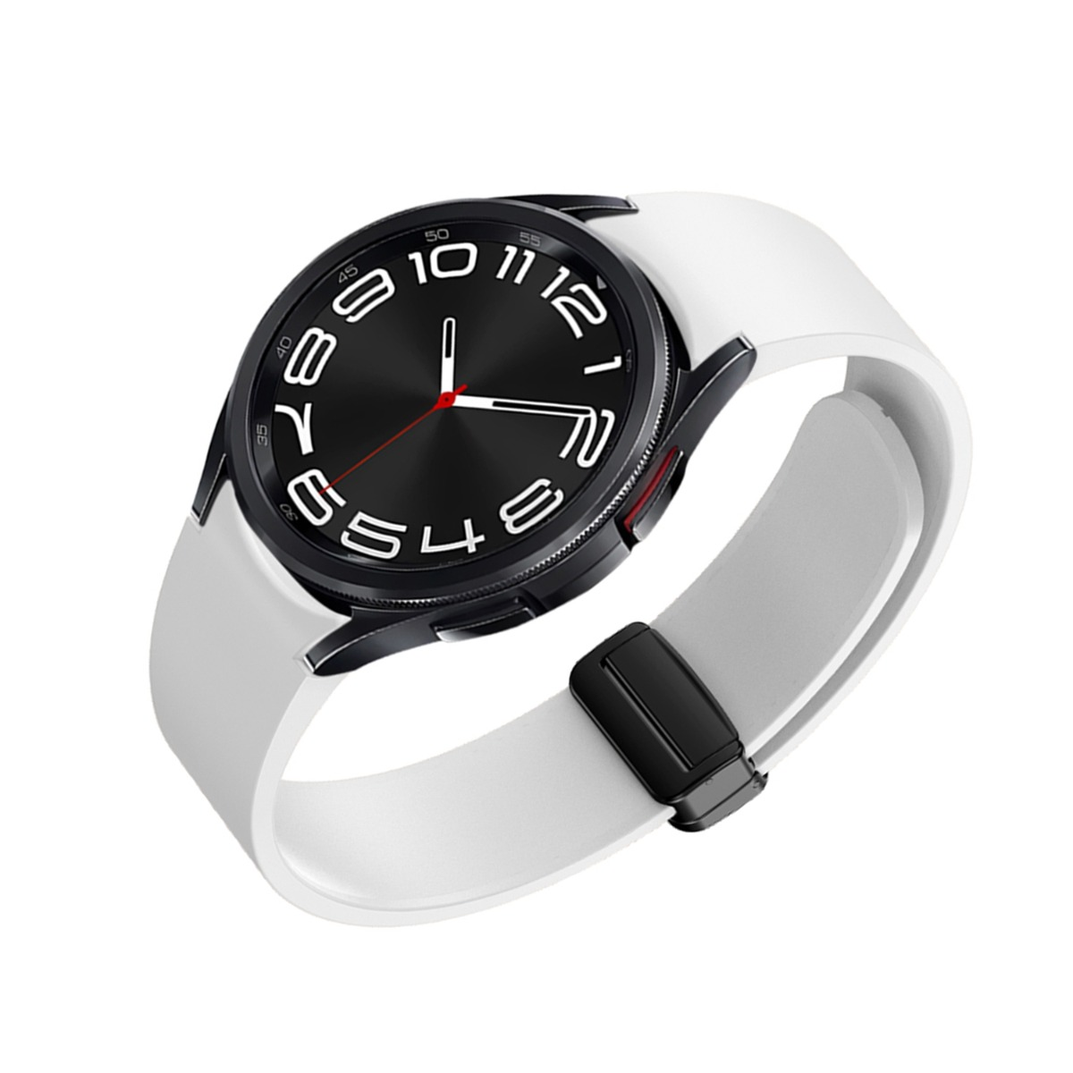 Uno smartwatch bianco con quadrante nero e numeri moderni.