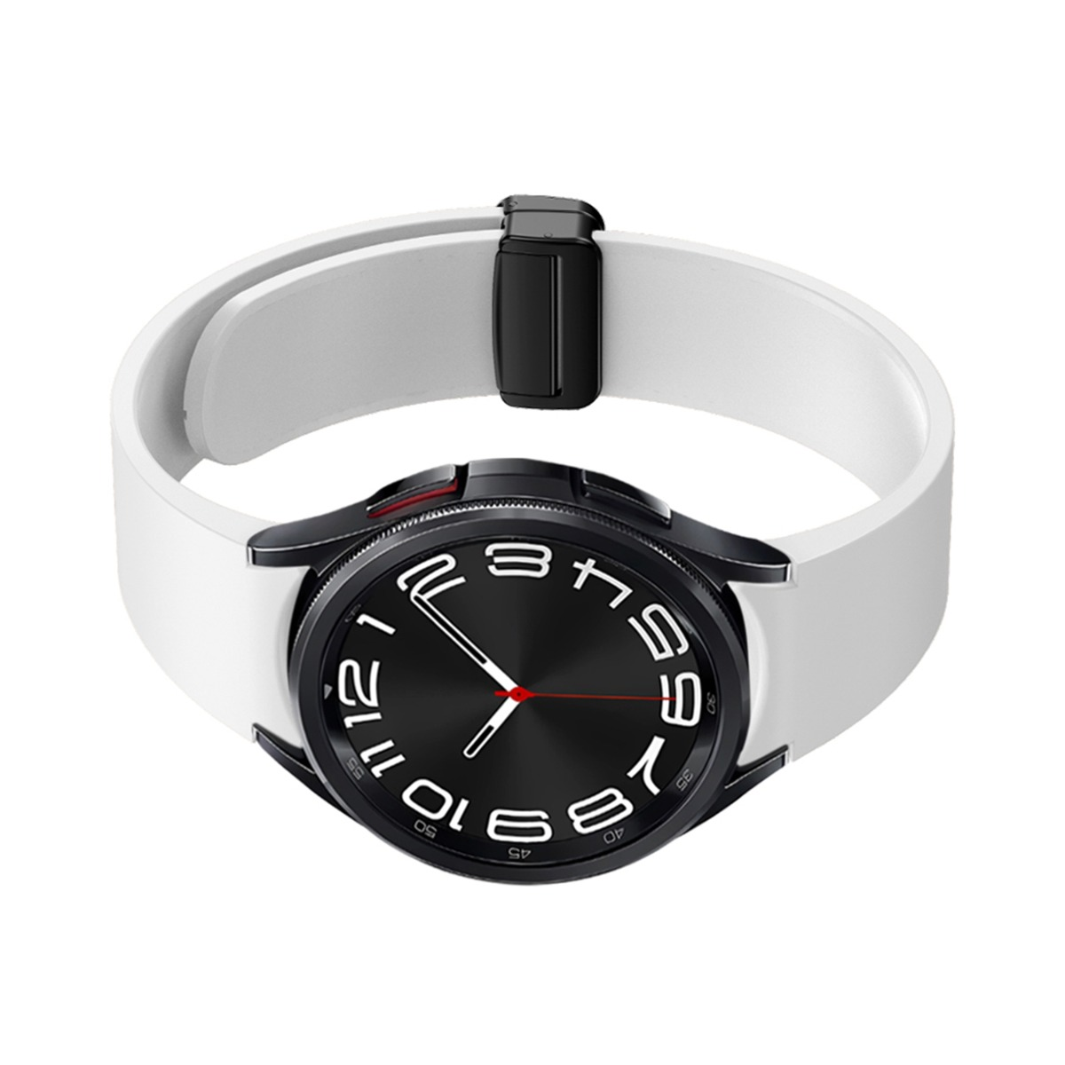 Uno smartwatch bianco con quadrante nero e numeri digitali.