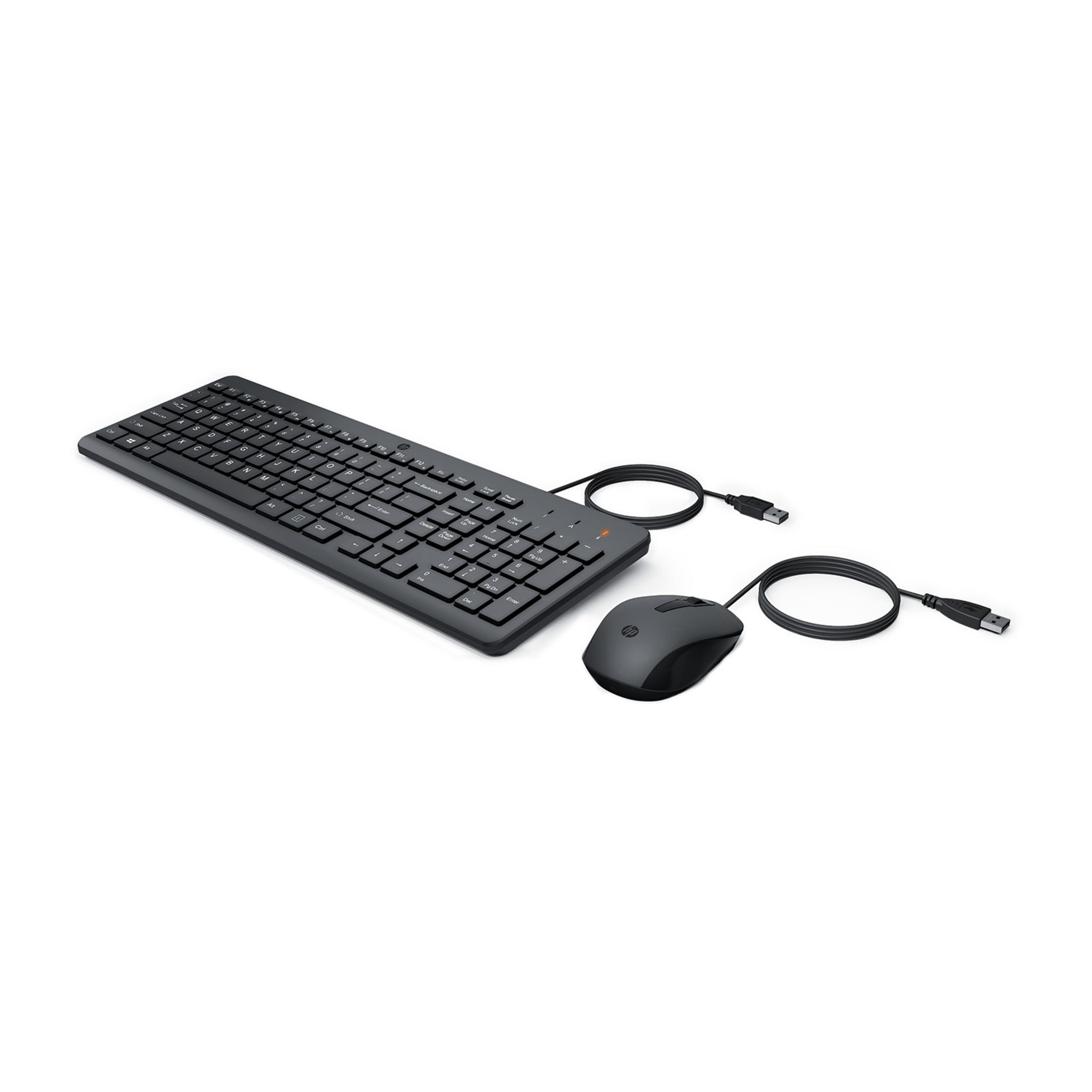 Una tastiera USB nera e un mouse USB nero su sfondo bianco.