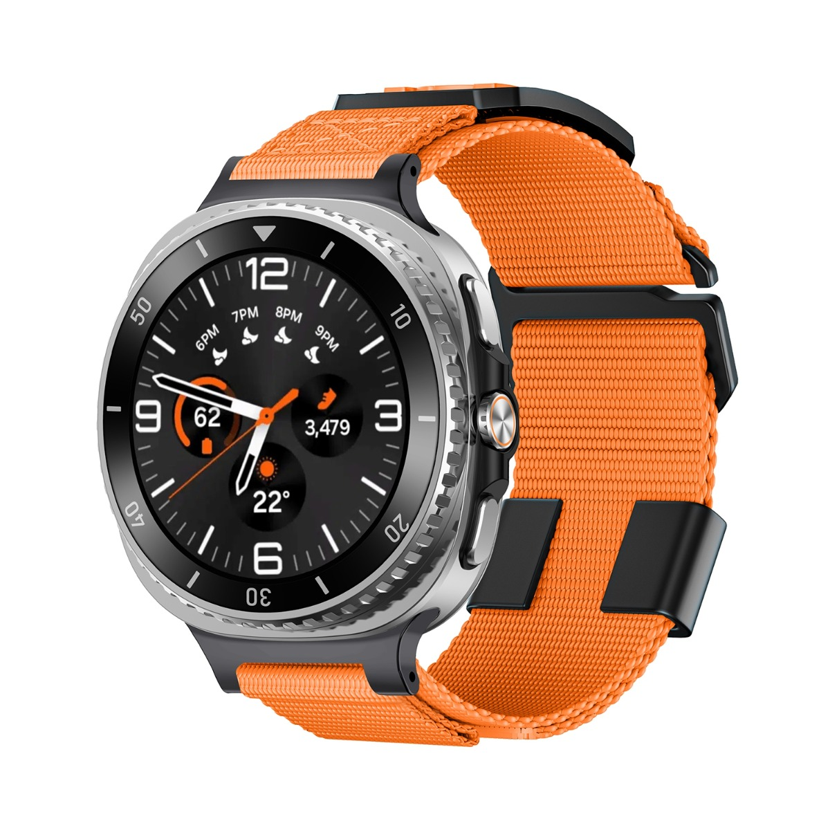 Eine orangefarbene Smartwatch mit silbernem Gehäuse und schwarzem Zifferblatt.