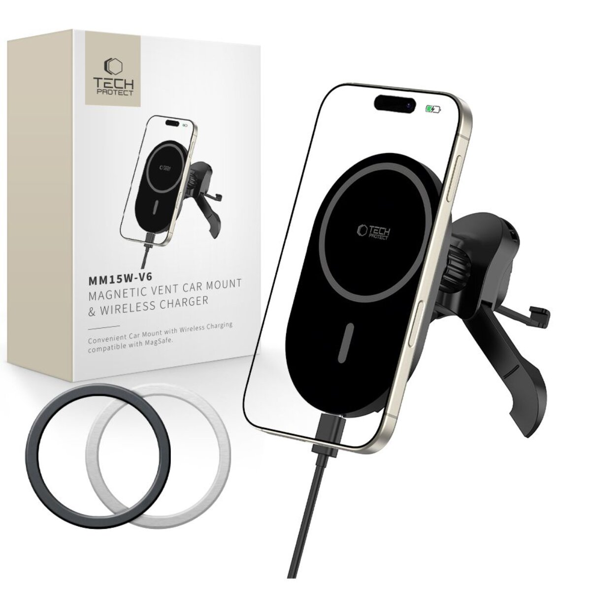 Tech Protect Autohalterung und kabelloses Ladegerät mit MagSafe-kompatiblem Telefon.