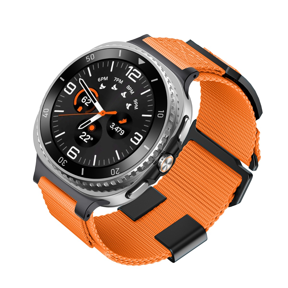 Eine Smartwatch mit schwarzem Zifferblatt, orangem Armband und silbernem Gehäuse.
