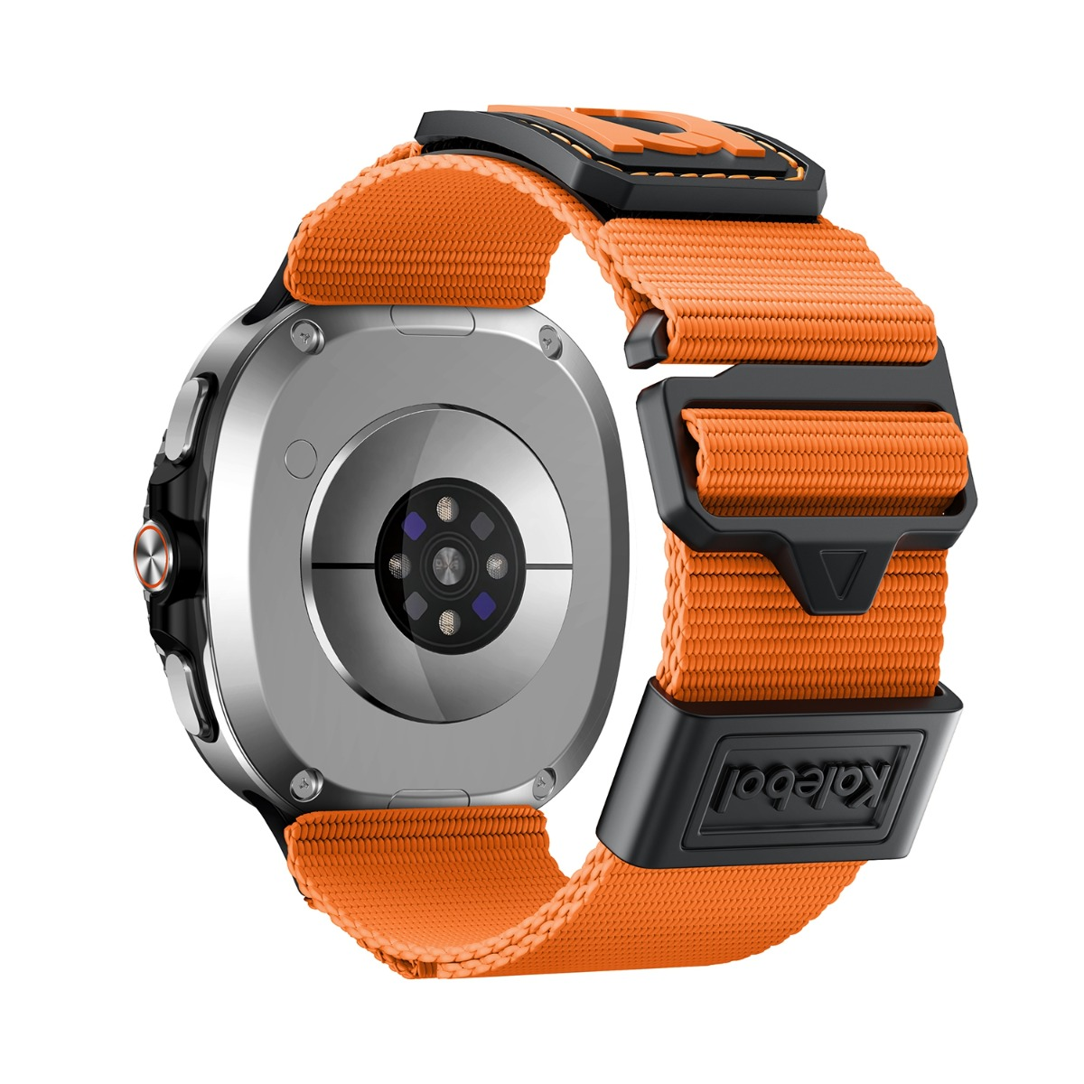 Rückseite einer Smartwatch mit orangefarbenem Armband und Herzfrequenzsensor.