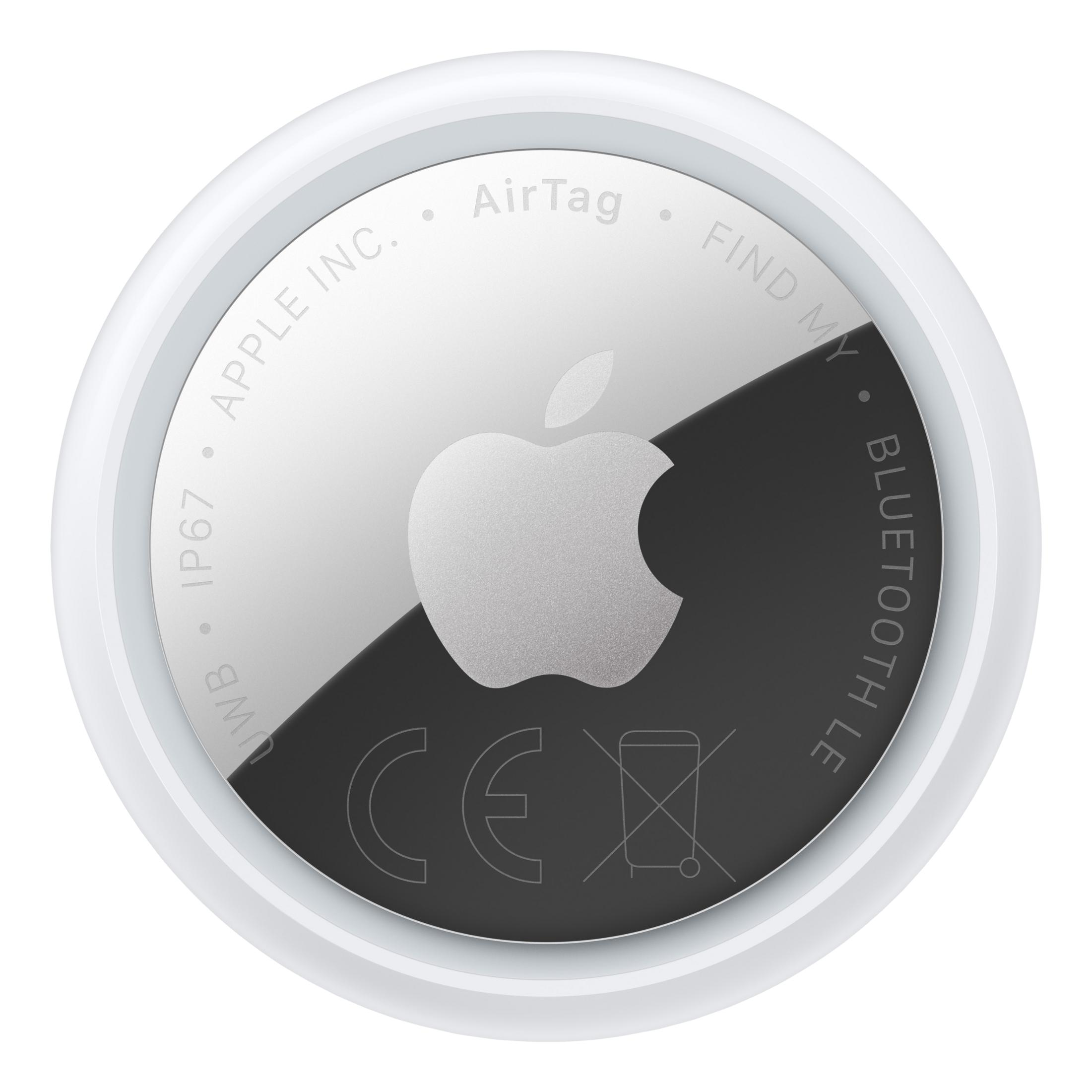 Retro bianco Apple AirTag con logo Apple e testo.