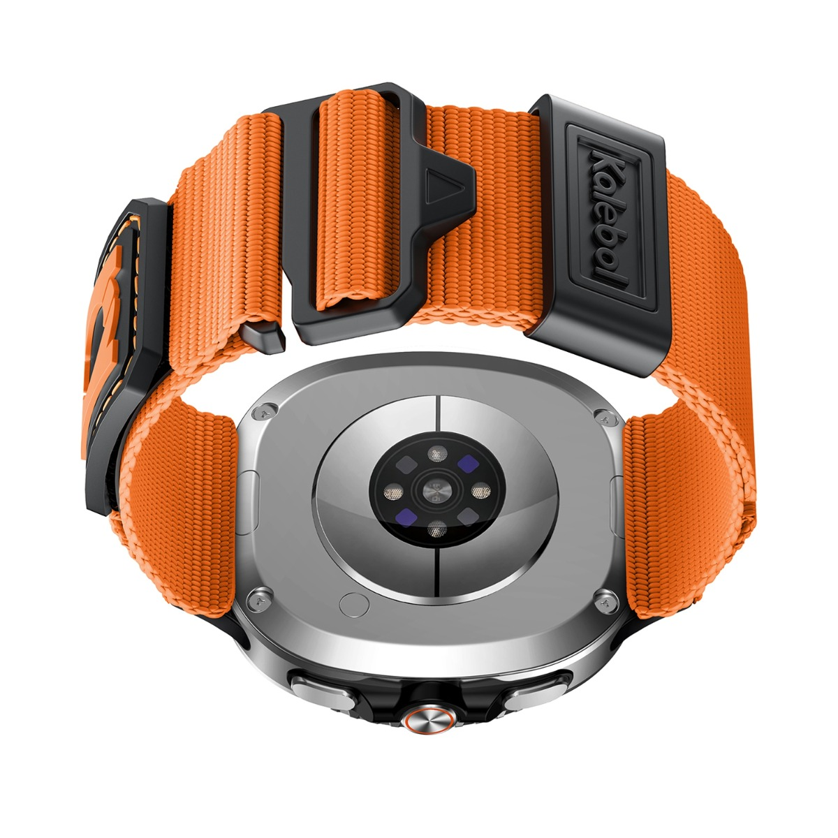 Rückseite einer Smartwatch mit orangefarbenem Stoffarmband und schwarzen Schnallen.