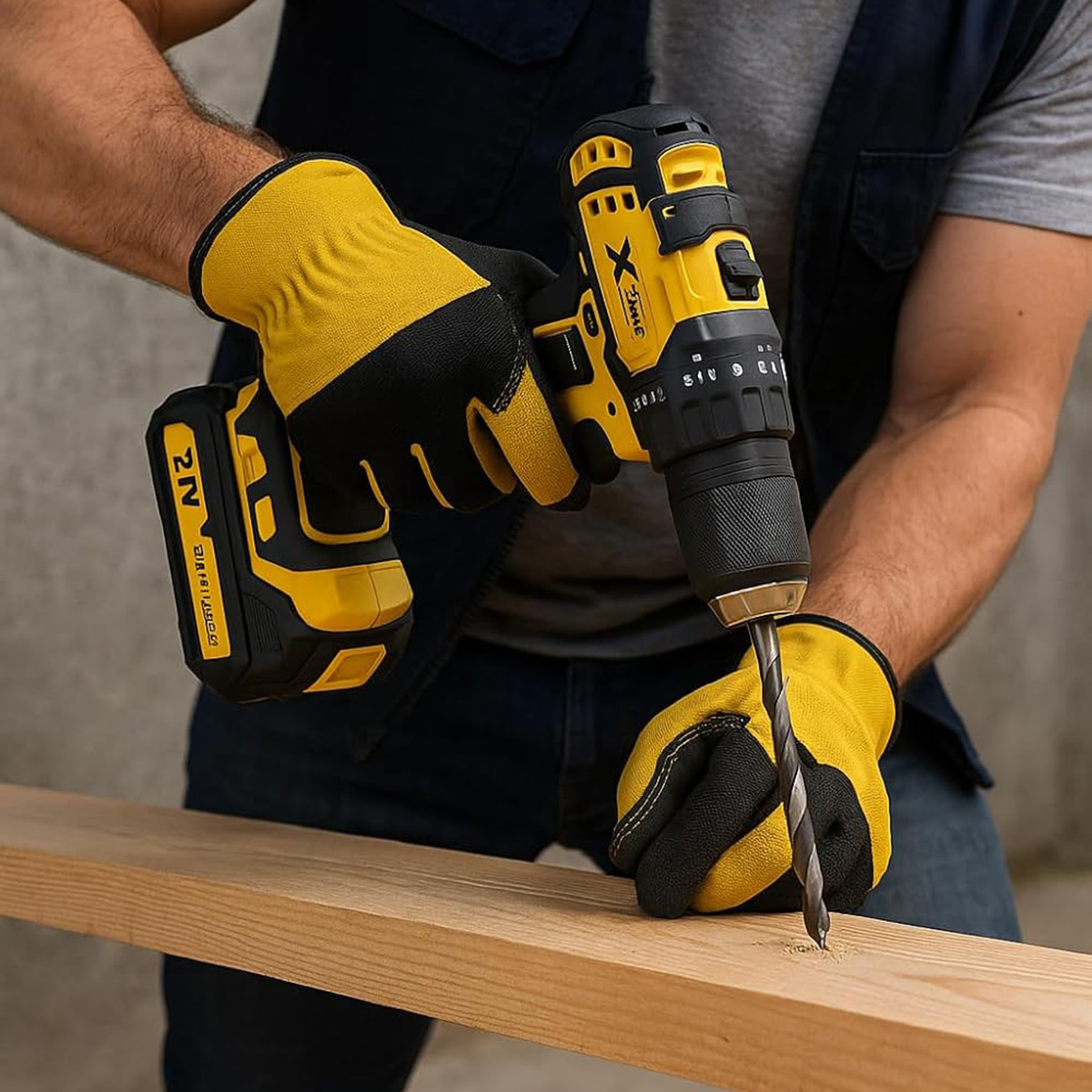 Persona taladra madera con taladro amarillo. Lleva guantes.
