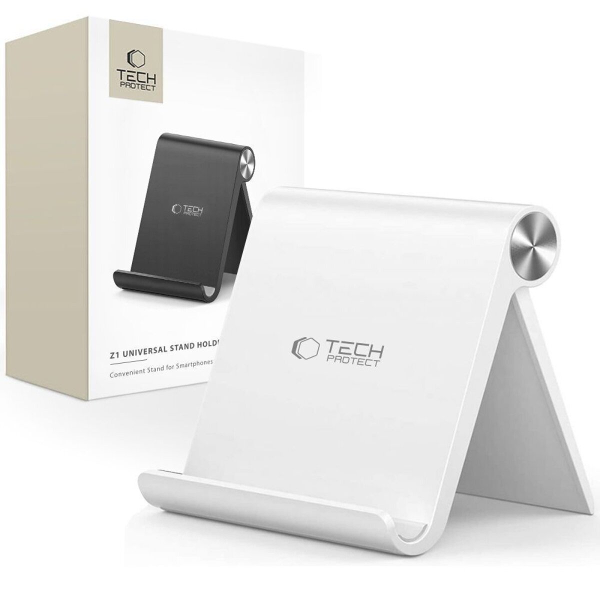Weiße und schwarze Smartphone-Ständer mit Verpackung. Weißer Ständer vorne.