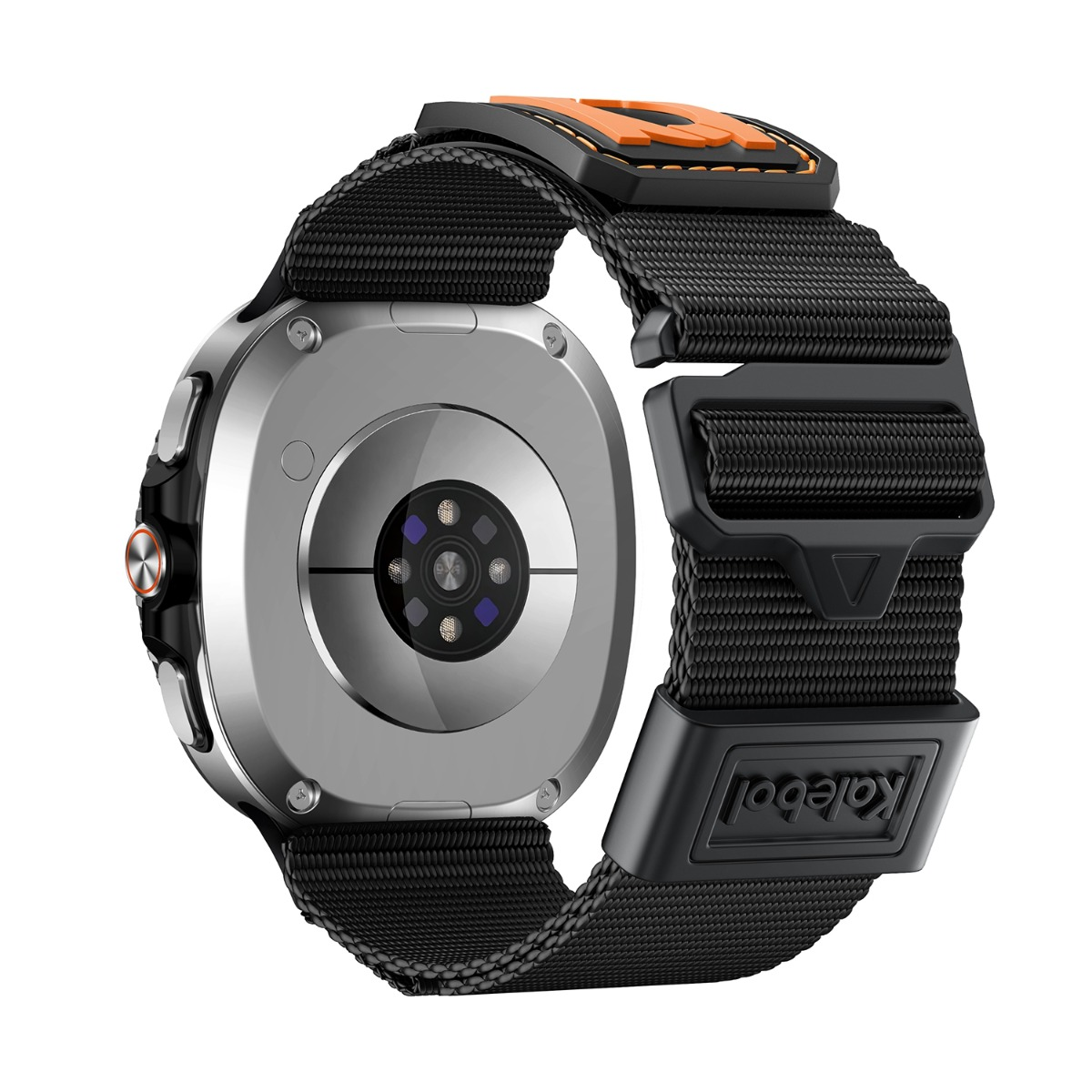 Rückseite einer Smartwatch mit schwarzem Textilarmband und orangefarbenen Details.