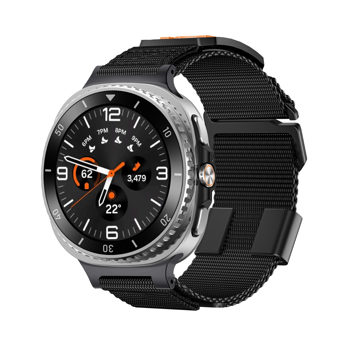 Moderne Smartwatch mit schwarzem Armband und silbernem Gehäuse. Das Display zeigt Uhrzeit, Datum und Temperatur.