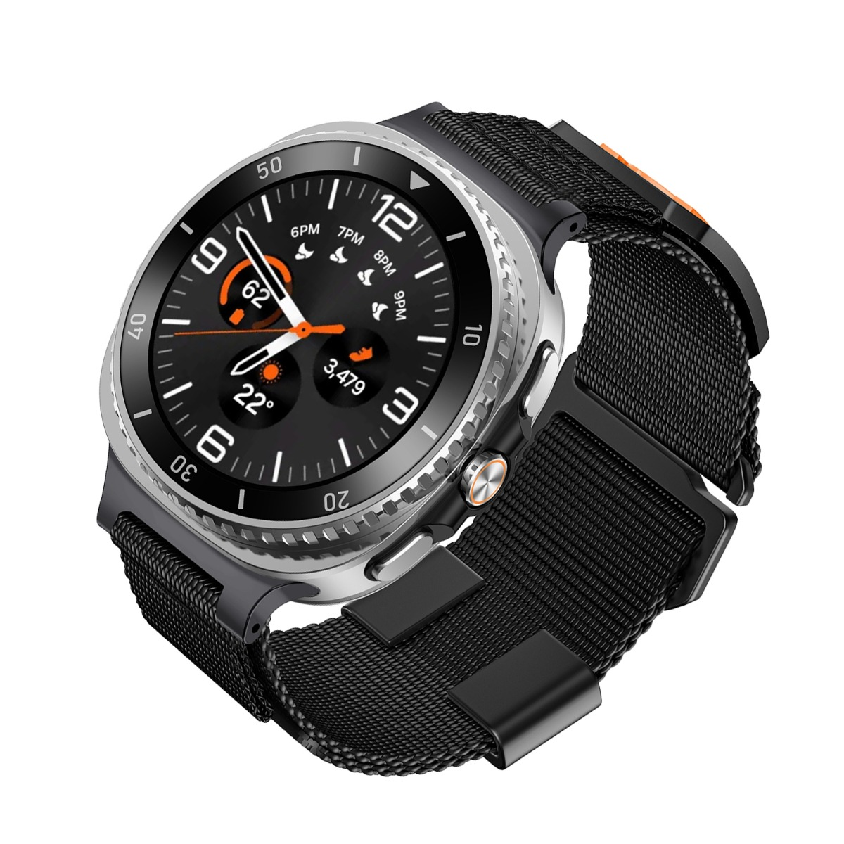 Eine nahaufnahme einer smartwatch mit schwarzem armband und silbernem gehäuse. Das display zeigt die uhrzeit.