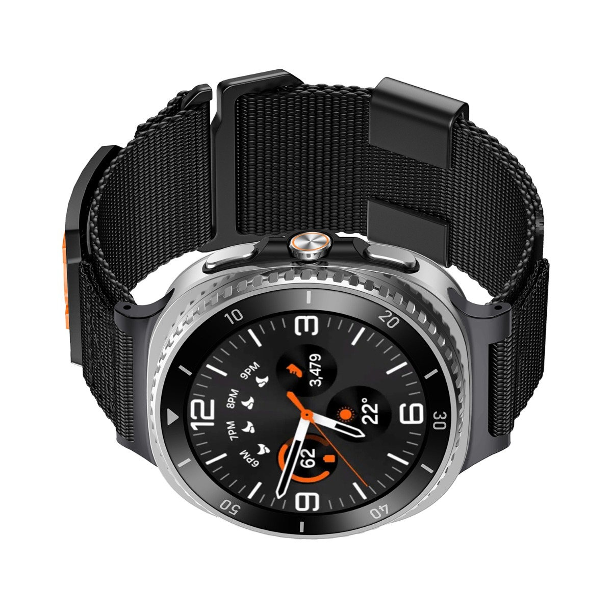 Eine Nahaufnahme einer Smartwatch mit schwarzem Armband und silbernem Gehäuse. Das Display zeigt die Uhrzeit an.