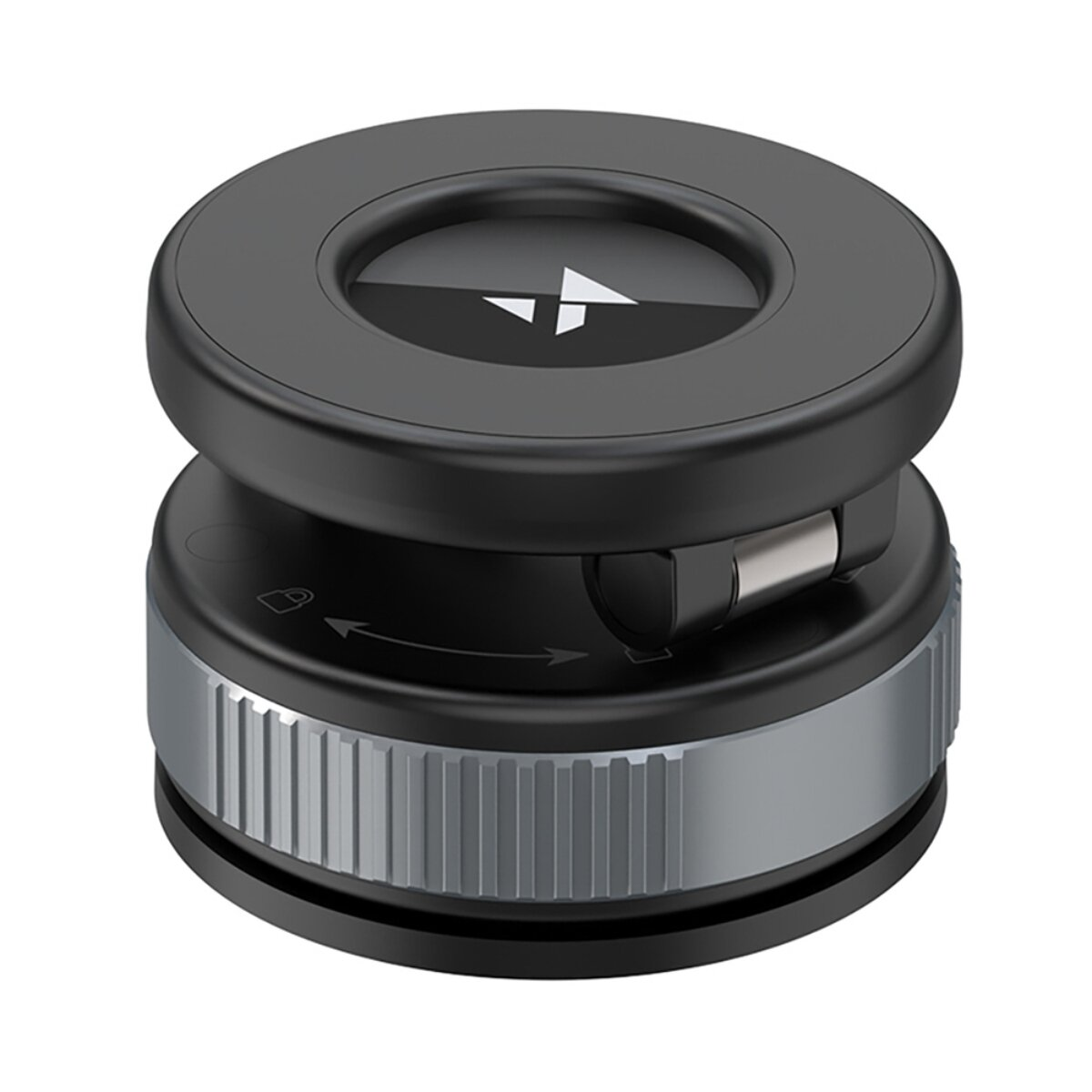 Dispositivo rotondo nero con anello argentato e icone a freccia.