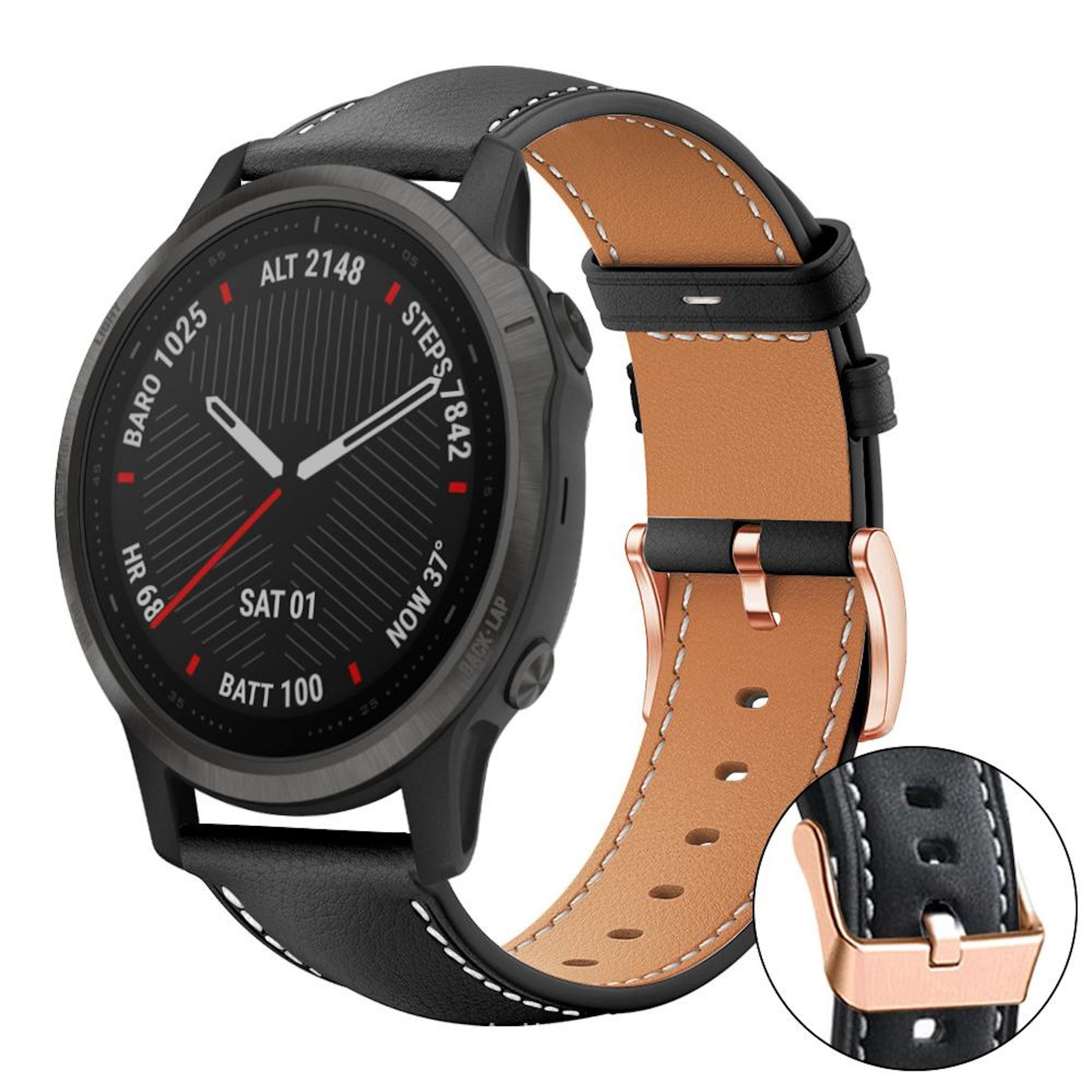 Schwarzes Smartwatch mit braunem Lederarmband und Roségold-Schnalle.