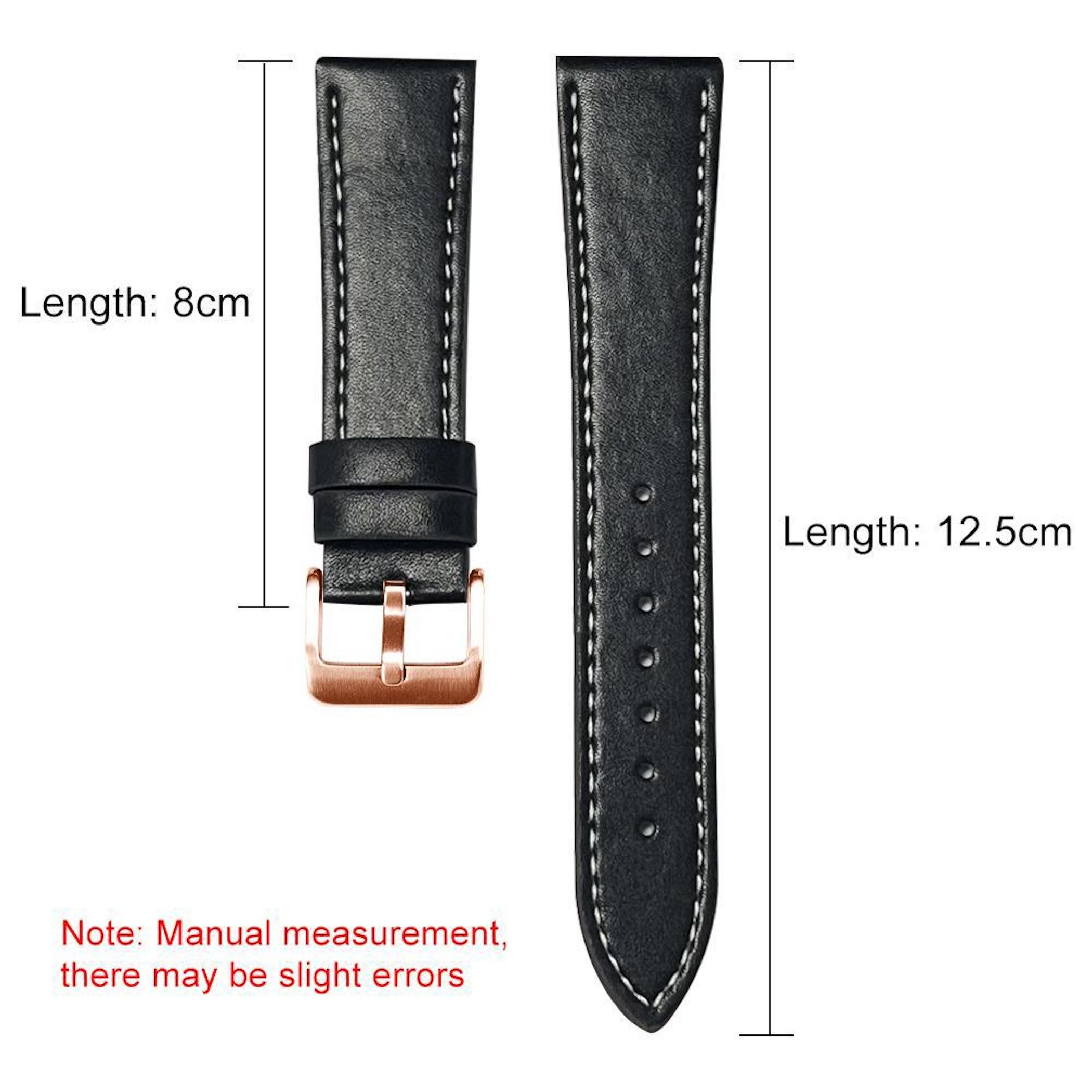 Zwei schwarze Leder-Uhrenarmbänder mit weißen Nähten und einer Kupferschließe.