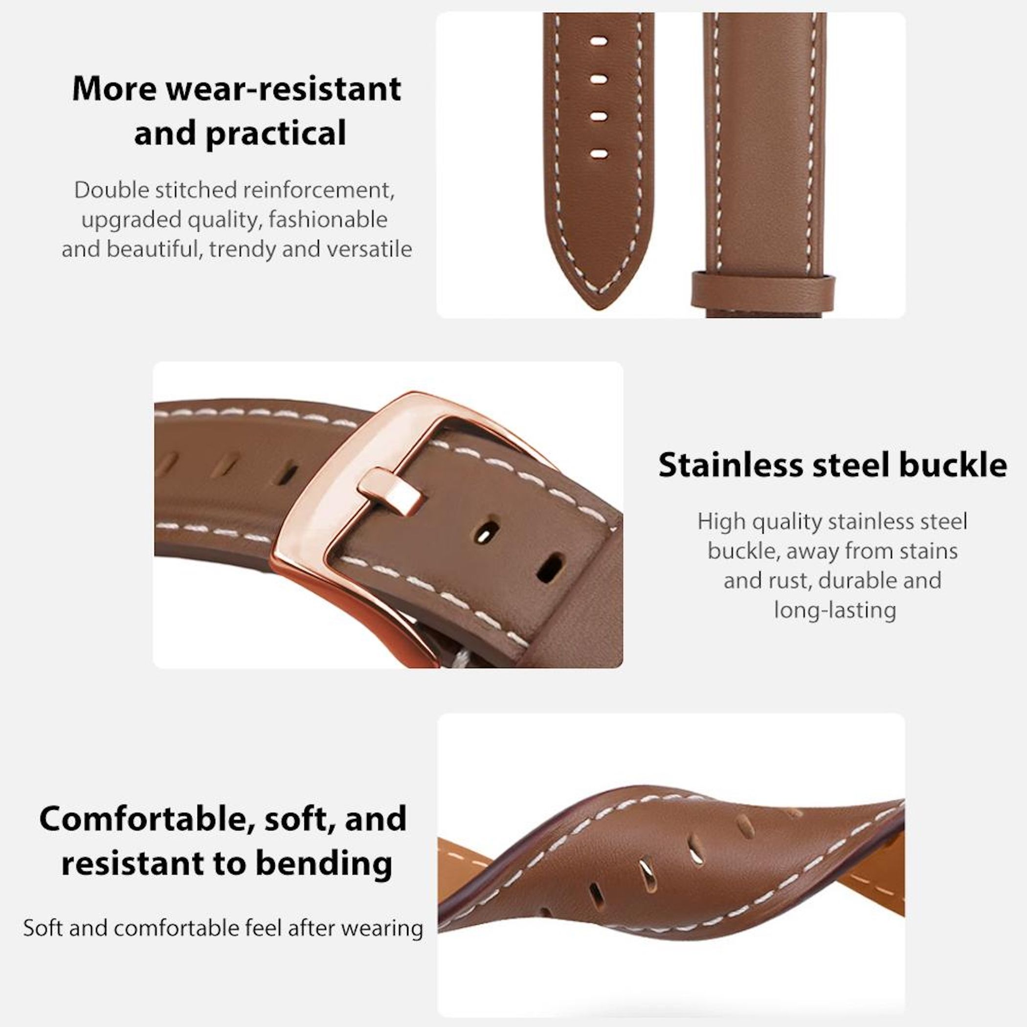 Braunes Lederarmband mit Nähten und Edelstahlschnalle, Teil eines Produktbildes.