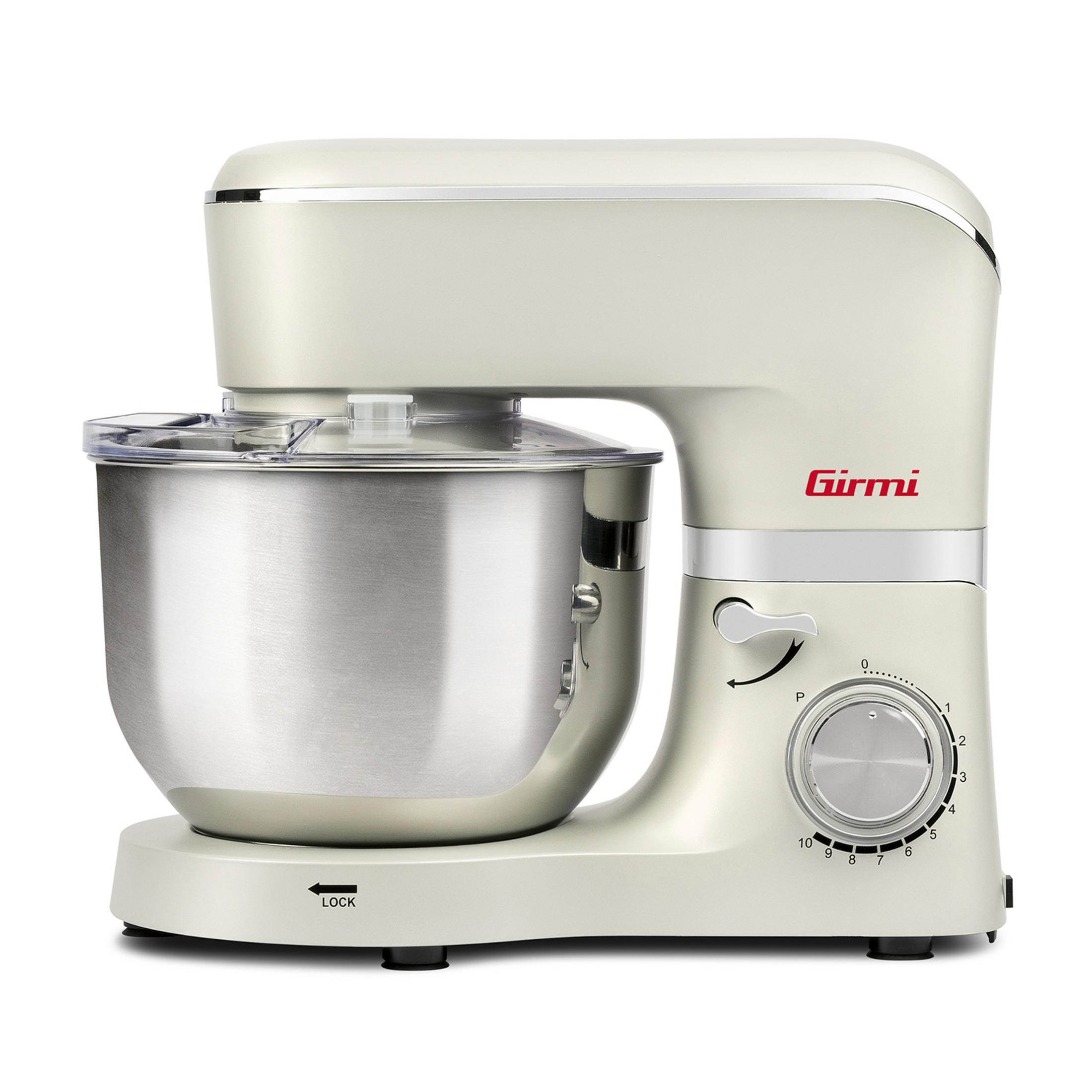 Impastatrice beige con ciotola in acciaio inox e selettore velocità.