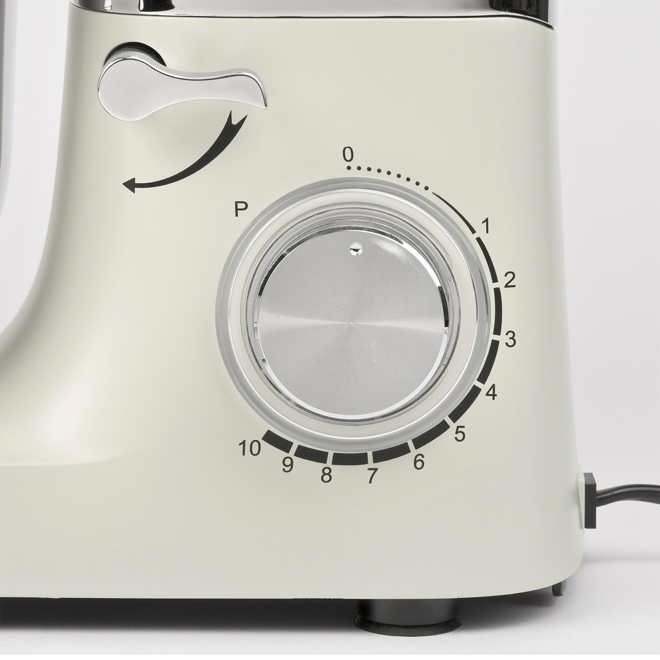 Impastatrice beige con quadrante argentato e controllo velocità.