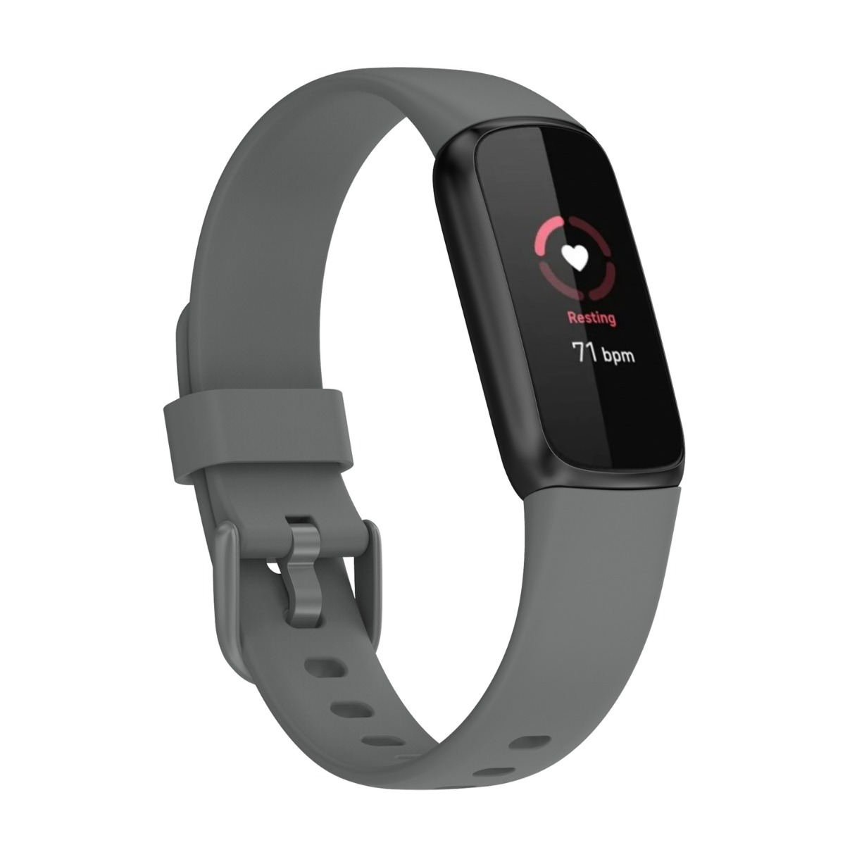 Fascia fitness grigia con battito cardiaco di 71 bpm.