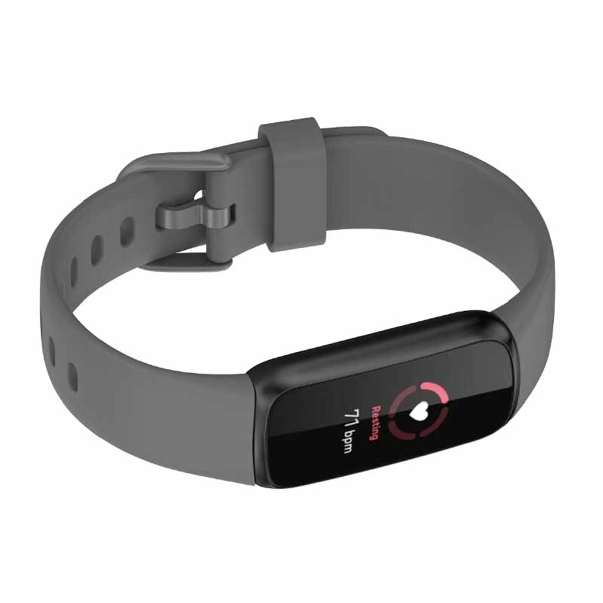 Braccialetto fitness grigio con schermo nero che mostra 71 bpm.